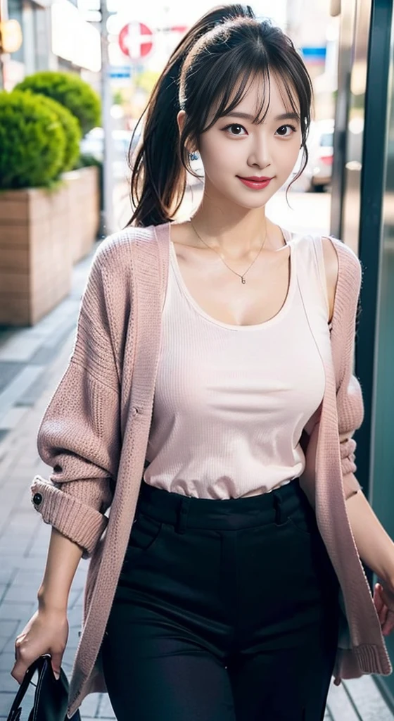 (32k,high-detail,high-detail,high-res,high density,single,8.9:1.3),(realistic person,Live Action,Fine Eyes,High-resolution eyes,Fine Eyes,Eyes that seem alive,Beautiful dark blue eyes.,Fishing Eye,Detailed Lips,Whitening skin,Detailed realistic faces:1.3),(Ido, Japan,Korean Idols,Models in Japan,Korean model:1.2),(With washed face,natural make up,necklace,piercing:1.4)(shirt,Red high heels,Wide leg pants,red cardigan,Business casual fashion:1.6),(well-shaped breasts;:1.5),(A young Japanese man, but very beautiful and elegant.1Beautiful 6 year old girl,cute black eyes,Smile a little coolly.,Turn around.,Turn around.,looking at the camera,Fashion leader,business girl,soft skin,Memorable eyes,Her eyes are too beautiful.,fashion business pants,short pink ponytail:1.6),(Show your whole body,Full Body Fashion Show,:1.7)