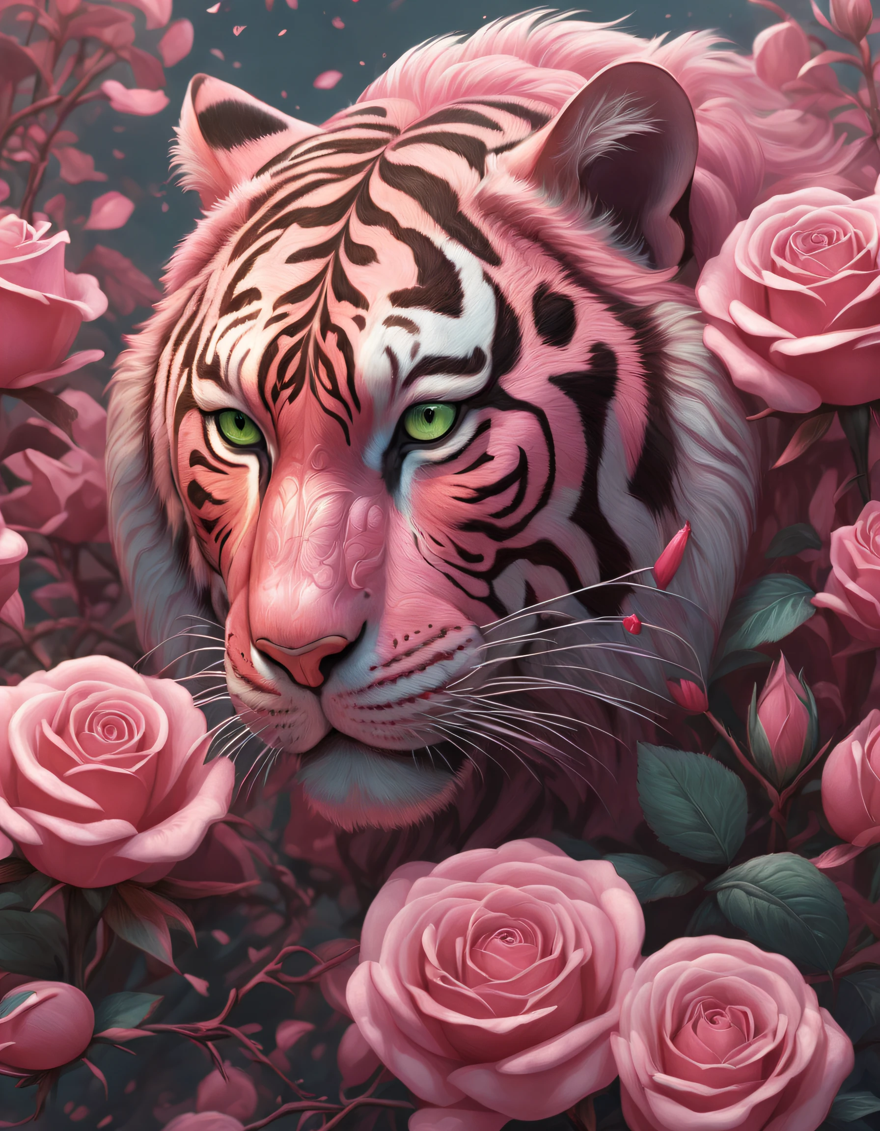 Tigre,Rosa flower,(double contact:1.8),Tiger sniffing roses,Complex illustrations in surrealist art style,Surreal dreams