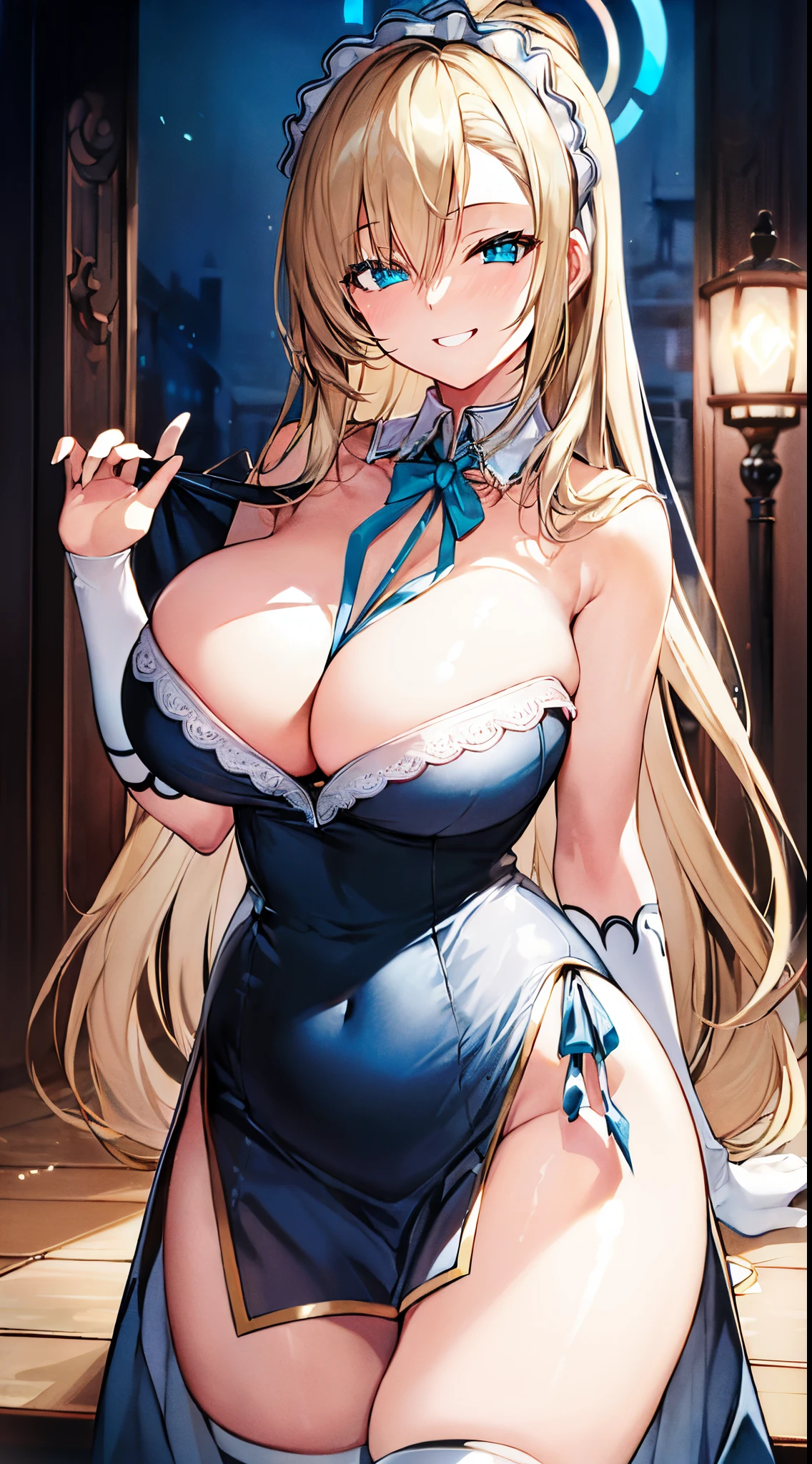 ((Best quality, 8K, tmasterpiece: 1.4)),((Stunningly detailed: 1.3)),((lamplight,Large breasts,: 1.2)),((A high resolution: 1.1)),(bluearchive),1 plump girl,Asuna Ichinose,with a halo on his head,Sexy maid outfit,With long bangs,((Long blonde hair)),evilsmile,face flushed, half closed eye,Cyan eyes,sexy for,Grinning,The content is very detailed,Exquisite,delicated face,style of anime,depth of fields,