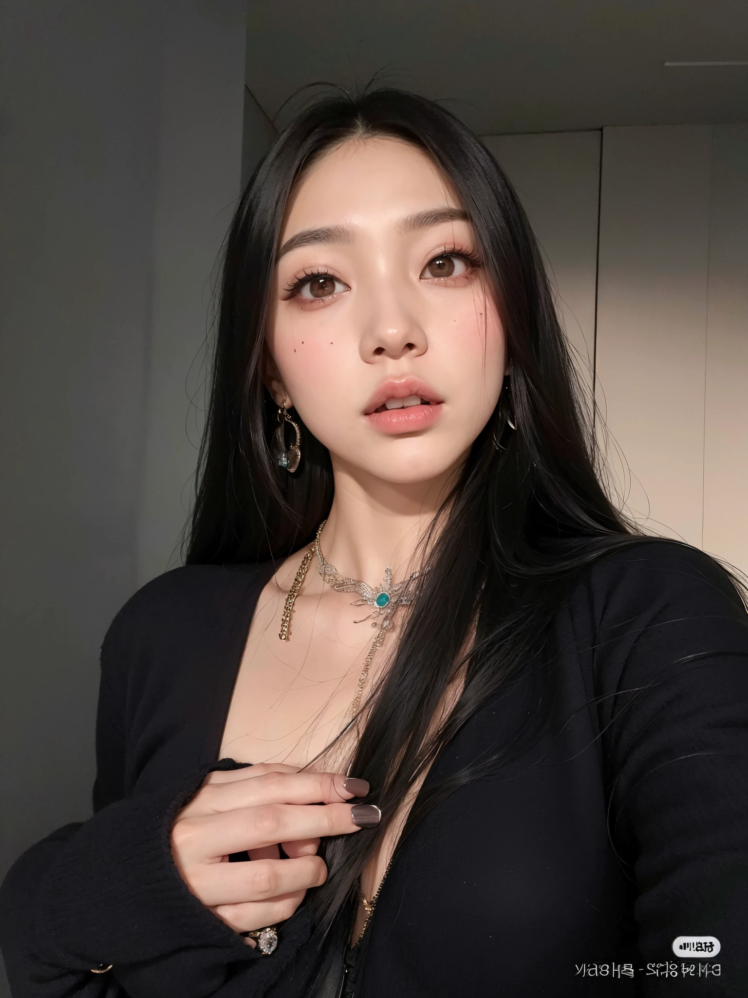 um close up de uma mulher com longos cabelos pretos usando um top preto, cruel korean goth girl, Heonhwa Choe, Retrato de Jossi de Blackpink, TaeJune Kim, linda mulher coreana jovem, Xision Wu, Gongbi, Wenfei Ye, Mulher sul-coreana bonita, a young asian woman, louise zhang, Xintong Chen, coreana