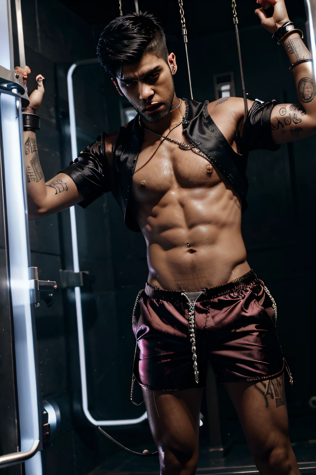 Zayn Malik screams while chained up in a futuristic torture chamber wearing satin shorts with electricity