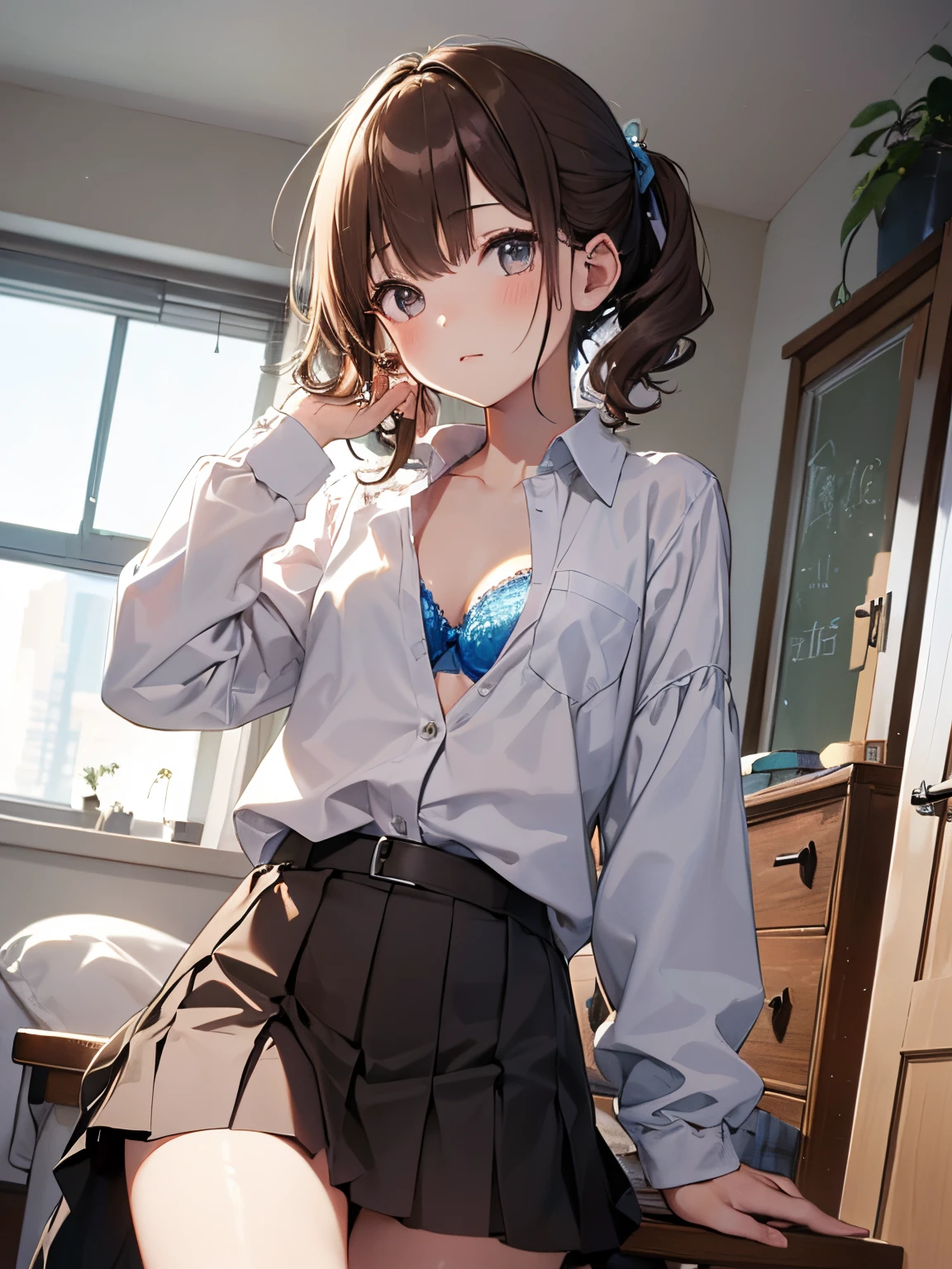 (Highest quality illustrations:1.2), (Kawaii Girl:1.1), (1 girl in:1), (1girl in、sixteen years old、A tiny、kawaii、cute little、tiny chest、ultradetailed eyes:1.2)、cowboy  shot、​masterpiece、top-quality、realisitic、Hyper-detailing、Morning Bedroom、 BREAK　Change of clothes、taking off shirt、high-school uniform、 White long sleeve shirt、unbuttons、Light blue bra visible、Disturbed clothing、school skirt、Brown hair、extra very short hair、shorth hair、hair wavy、curlyhair、low twintails、poneyTail、Low ponytail in light blue、 BREAK(top-quality、ultra-detailliert、highly detailed and beautiful、超A high resolution、Detailed arm:1.2)、NSFW