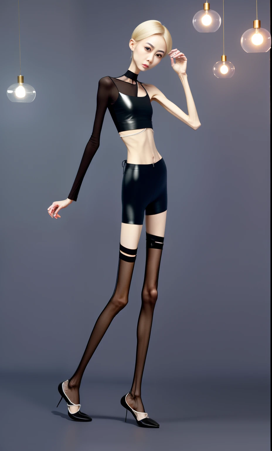 very thin woman,A thin body,Protruding sternum,The waist is very thin,The ribs are noticeable,Protruding ribs,The pelvic protrusion is very obvious,The pelvis is markedly elevated,Legs are just skin and bones,Fair skin,thin shoulde,The waist is very thin,Sunken abdomen,Delicate arms,arm muscle atrophy,hunger,sunken lower abdomen,Short hair details,Wear tight leather pants,Wearing black stockings,Wear slippers,Asia face,The waist is particularly thin,angry look,weeping,Excessive weight loss,The face is sunken and thin,Severe malnutrition,hunger,the detail