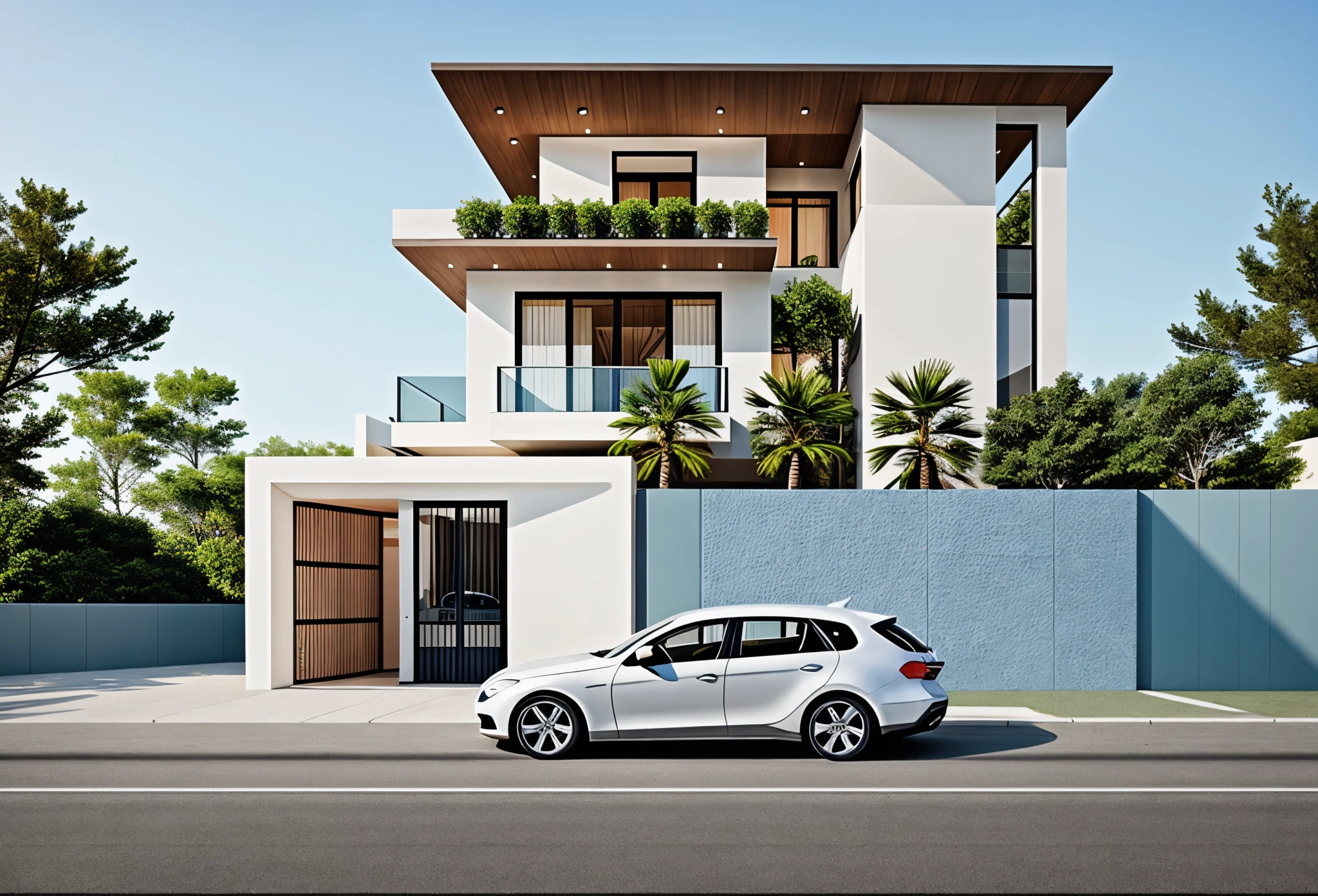 Overall the picture is about a townhouse with 2 facades, in front of the house and next to it is a road, The sky is blue, the main materials of the house include white paint, gray and brown wood, decorative green trees, and sidewalk green trees, in front of the house there is a white car, gray sidewalks and roads, daylight, clear picture quality, extremely detailed, professional camera
Feeling airy, light and comfortable, Large transparent blue glass