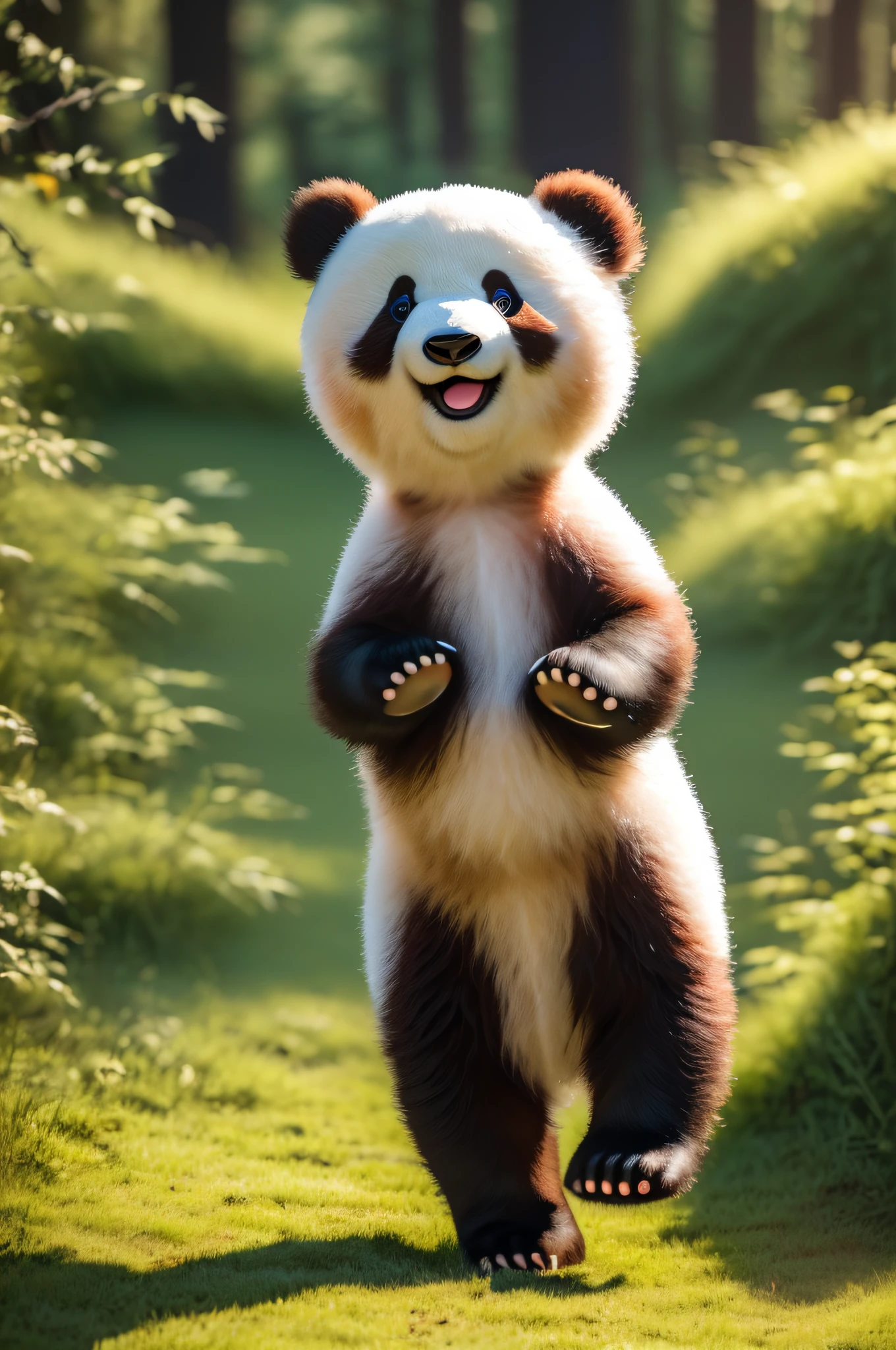 (Masterpiece), (Realistic), (best quality), (8K), UHD, hyper details, (a very cute panda), (a very cute baby bear), (a very cute baby polear), running down the grass-hill, big cute eyes, happy expression, very fluffy, very adorable, blue sky, sunshine, forest in the background, best friends, playful, clumsy