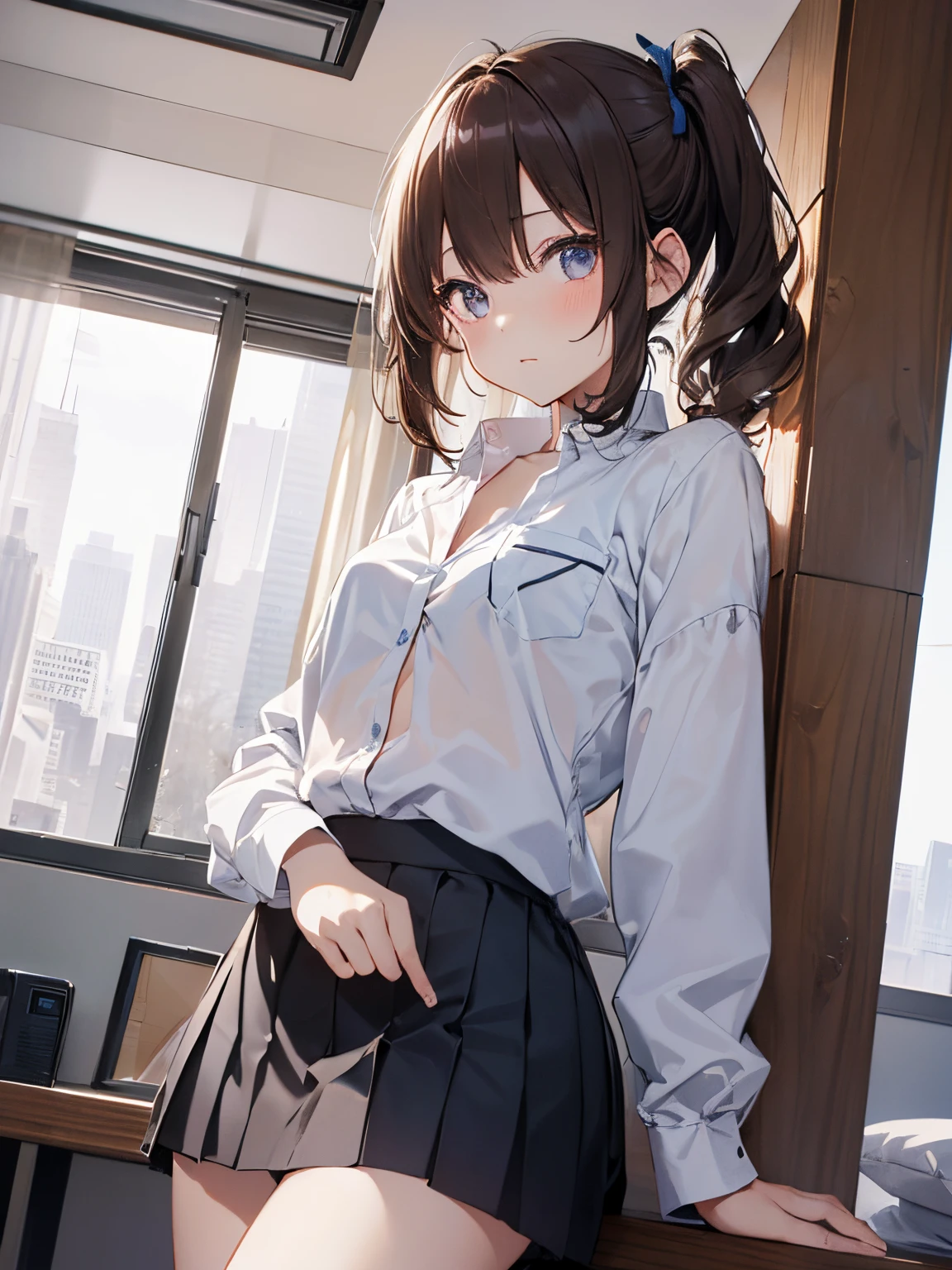 1 person、1 personの女の子 Asuna Yuki(Sword Art Online), dynamic angle, long bronze hair,Braid,brown eyes,fine eyes,big chest line,roll forward,armature,chest flap,long sleeve white shirt,removed sleeve,red and white skirt,pleated skirt,lively,Her thin legs are so cute.,very beautiful long legs.,white thighs,garter,perfect body,lively,Are standing,in the bedroom ,(((on the bed))),((skirt lift)), white lace panties,NSFW,kneel down,