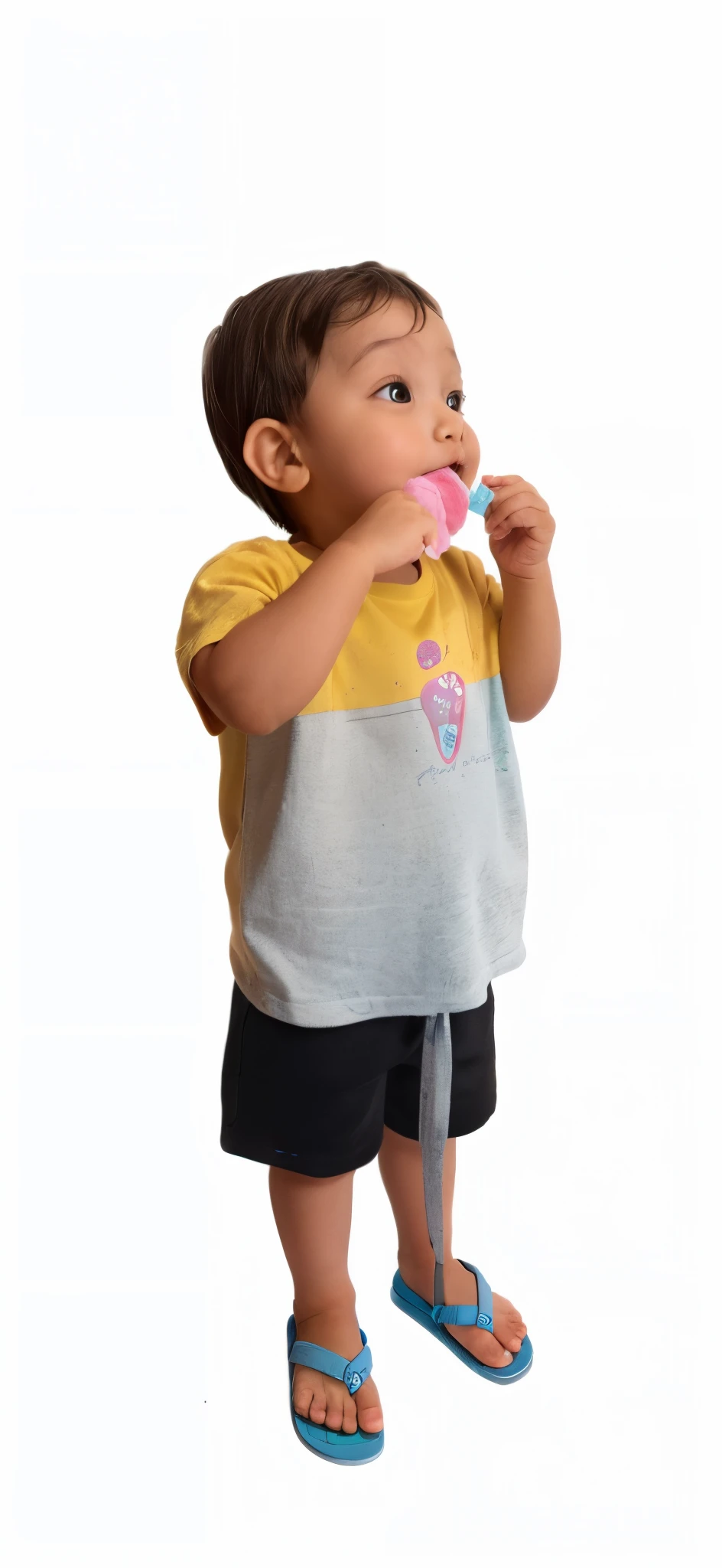 ((whole body)),((ultra detailed)),(small),((preschool age)), eight year old girl playing in a water park, short hair, white t-shirt that reaches to her thighs, kiss, sandals