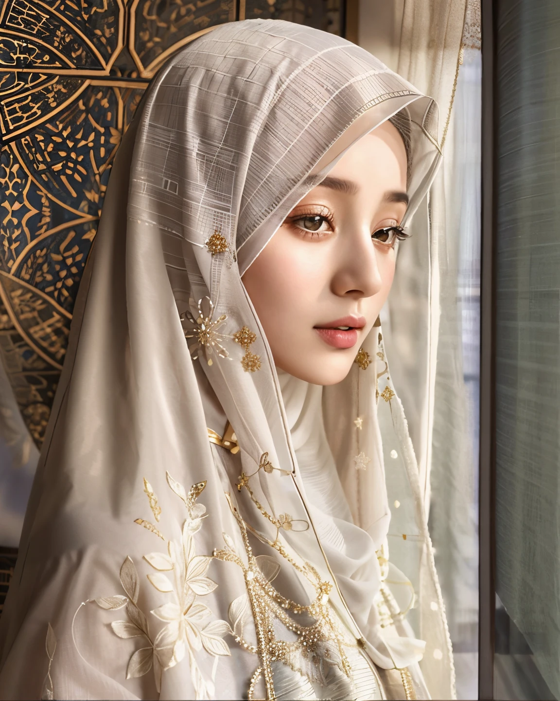 there is a woman wearing a hijab looking out a window, hijab, veiled, white hijab, veiled face, beautiful delicate face, very beautiful girl, lovely delicate face, pale-skinned persian girl, beautiful arab woman, beautiful, high quality portrait, portait photo profile picture, traditional beauty, very extremely beautiful, muslim, beautifully, beautiful girl, beautiful image