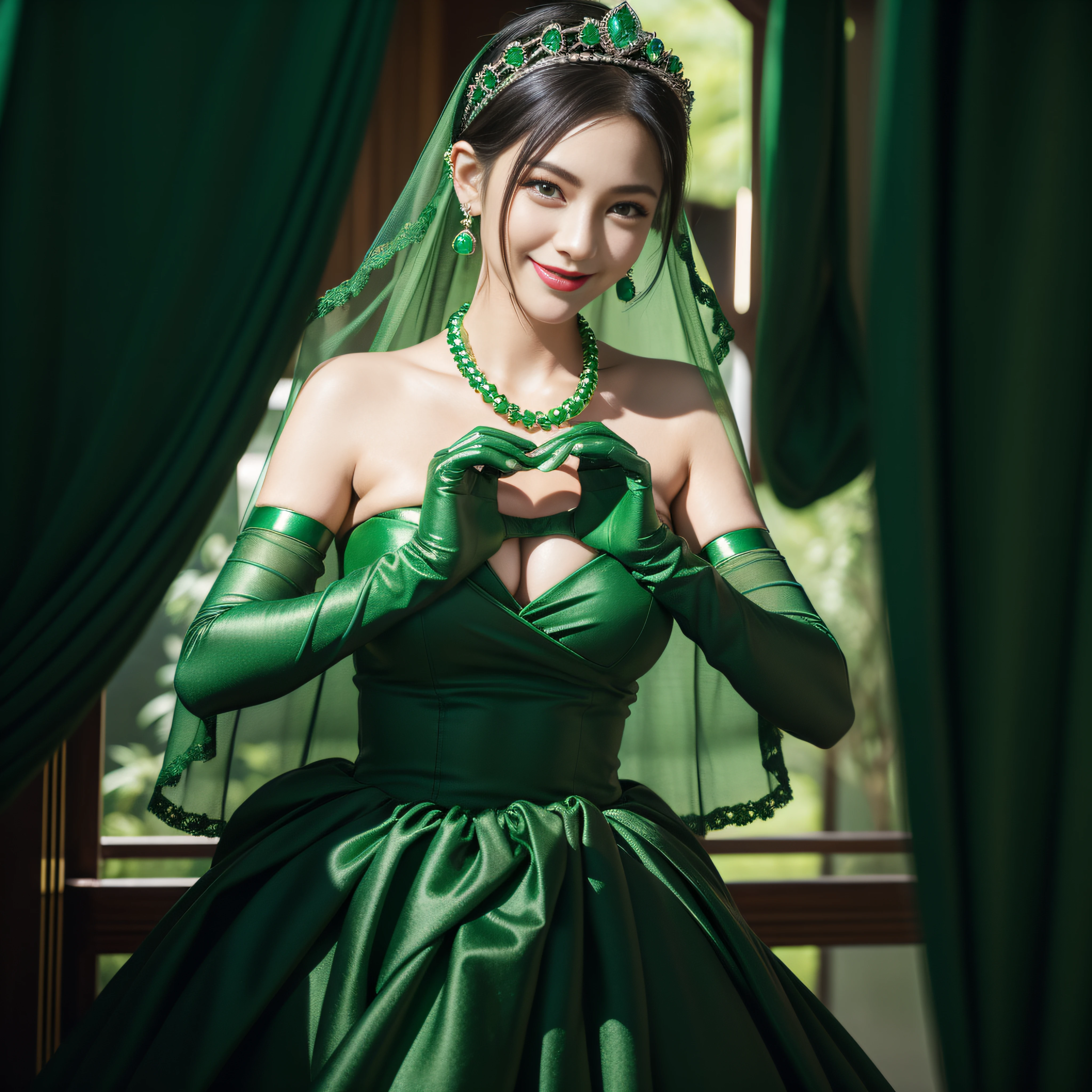 emerald tiara, Green Pearl Necklace, Boyish very short black hair, lipsticks, Japan woman smiling, very short short hair, big breasts beautiful, Green eyes, Long green gloves made of satin material, Green eyes, Emerald Earrings, green vale, Heart with both hands