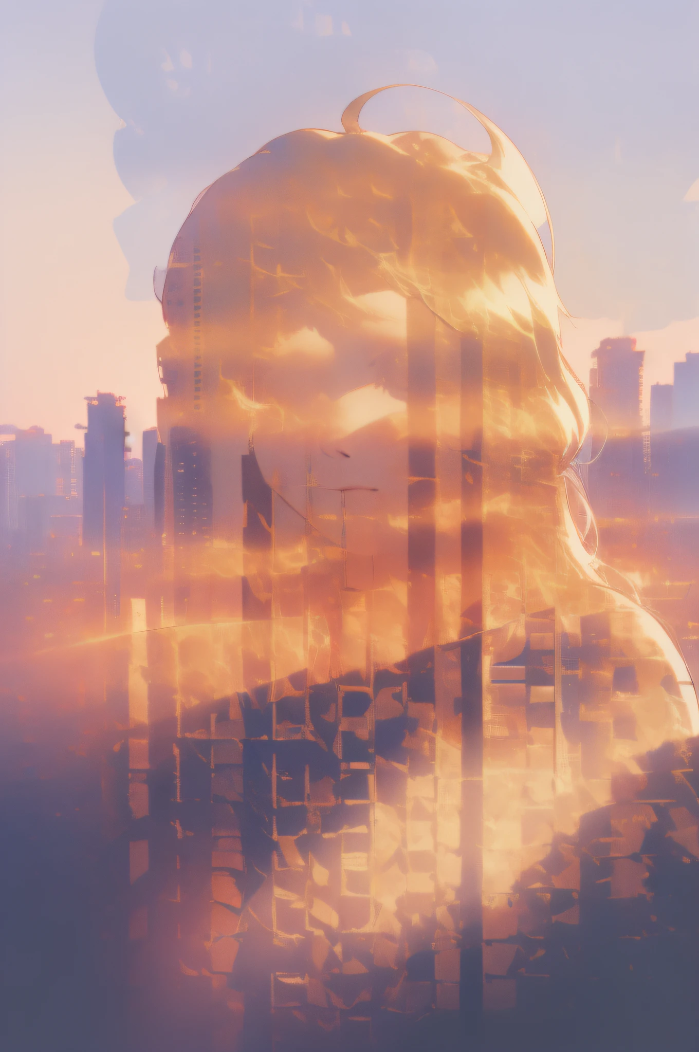 Double exposure, tank, (extremely detailed CG), (Best Quality:1.3), (detailed:1.4), (Volume Lighting, Best Shadows, with a shallow depth of field, Blush Eyeshadow, (detailed hair:1.4), (high resolution, outdoor, war, collapse city, sunset), Superb Detail:1.25, high detail, anime, romanticism