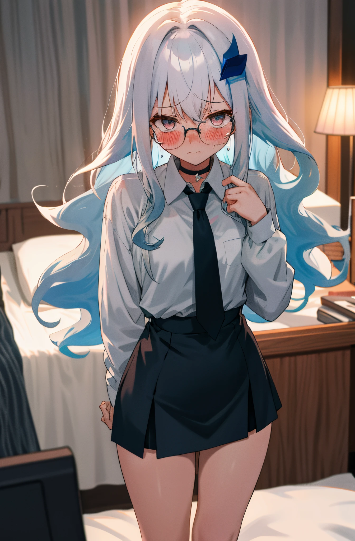 One girl with long wavy hair, white hair, blue inner hair, looking at viewer, embarrassed, blushing, tears, indoor , bed room, white shirts, black necktie, mini skirt, office lady, thigh, slim, dizzy, choker, mid-chest, wide hips, perfect waist, spread legs, night atmosphere, hair ornament, standing, glasses, (embarrassed:1.0)