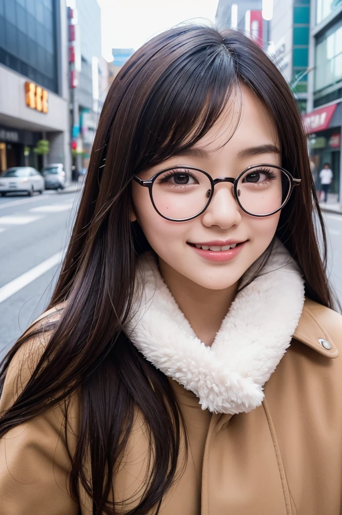 ((Japan girls)), 10, RAW photo, bestquality, ultra-detail, ultra-high resolution, Realistic, Lifelike photography, High-resolution RAW colour shooting, Photograpy Professional, Very detailed, 8k Wallpaper, Marvel, finely detail, huge file size, Ultra-detailed face, Very detailed eyes., High complexion, Very detailed fingers, highly detailed nose, highly detail mouth, perfect anatomy, highly detailed background, realistic body, good figure, Hair dryer, cute face, shooting imaging, (Happy smile), perfect skin, perfect anatomy, (round glasses), (moles), Sweep bang, autumn, ((Downtown)), Long coat,