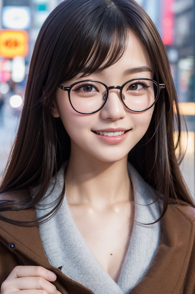 ((Japan girls)), 10, RAW photo, bestquality, ultra-detail, ultra-high resolution, Realistic, Lifelike photography, High-resolution RAW colour shooting, Photograpy Professional, Very detailed, 8k Wallpaper, Marvel, finely detail, huge file size, Ultra-detailed face, Very detailed eyes., High complexion, Very detailed fingers, highly detailed nose, highly detail mouth, perfect anatomy, highly detailed background, realistic body, good figure, Hair dryer, cute face, shooting imaging, (Happy smile), perfect skin, perfect anatomy, (round glasses), (moles), Sweep bang, autumn, ((Downtown)), Long coat,