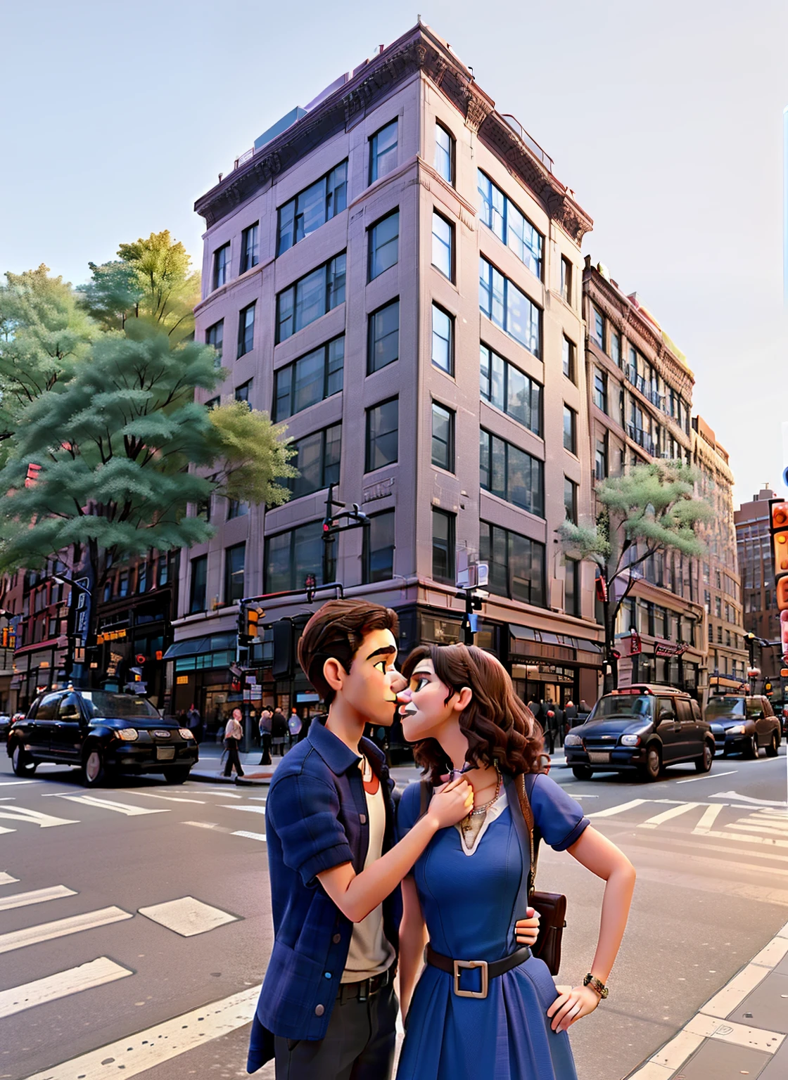 there is a man and woman standing on the street corner, in the middle of new york, by Harriet Zeitlin, couple kissing, raising between the buildings, taken in the early 2020s, streets of new york, photo from the side, standing on street corner, seen from the side, an epic, in the middle of the city