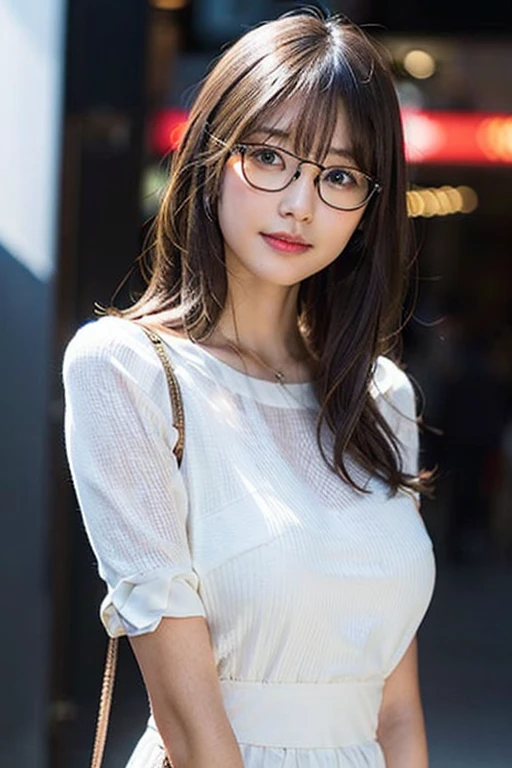 (10、RAW photography、最高品質、master-piece:1.2)、(Reality、real light:1.37)、ultra-detail、超High resolution、1 girl、Watch the audience、beautiful detailed face、smile、constriction、(slim waist) :1.3)、((white blouse))、beautiful detailed skin、skin texture、floating hair、((I'm a bunch of one.))、Full big breasts、Professional lighting、In front of the station at noon.、((Black square glasses))、The entire human body、brunette hair、telephone call、
