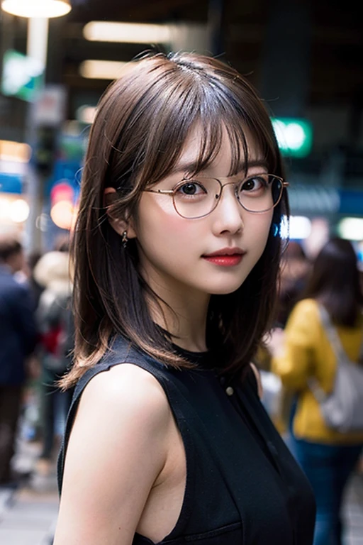 (8K、Raw photography、top-quality、​masterpiece:1.2)、(realisitic、Photorealsitic:1.37)、ultra-detailliert、超A high resolution、女の子1人、see the beholder、beautifull detailed face、A smile、Constriction、(Slim waist) :1.3)、Black summer clothes、Beautiful detailed skin、Skin Texture、Floating hair、Braided hair、Professional Lighting、Downtown at night、((Black square glasses )) 、Whole human body、Brown hair