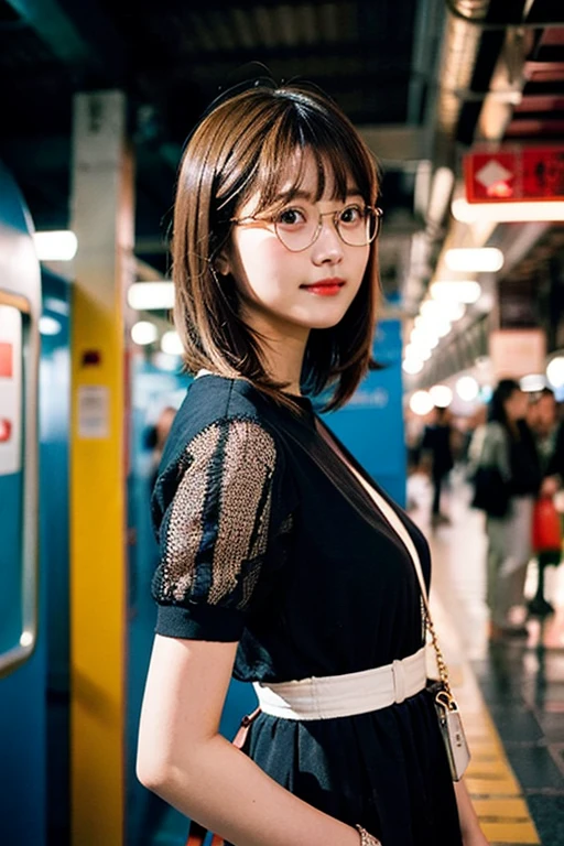 (10、RAW photography、最高品質、master-piece:1.2)、(Reality、real light:1.37)、ultra-detail、超High resolution、1 girl、Watch the audience、beautiful detailed face、smile、constriction、(slim waist) :1.3)、short cut、beautiful detailed skin、skin texture、floating hair、Professional lighting、Wait for the train platform、Black square glasses 、The entire human body、brunette hair