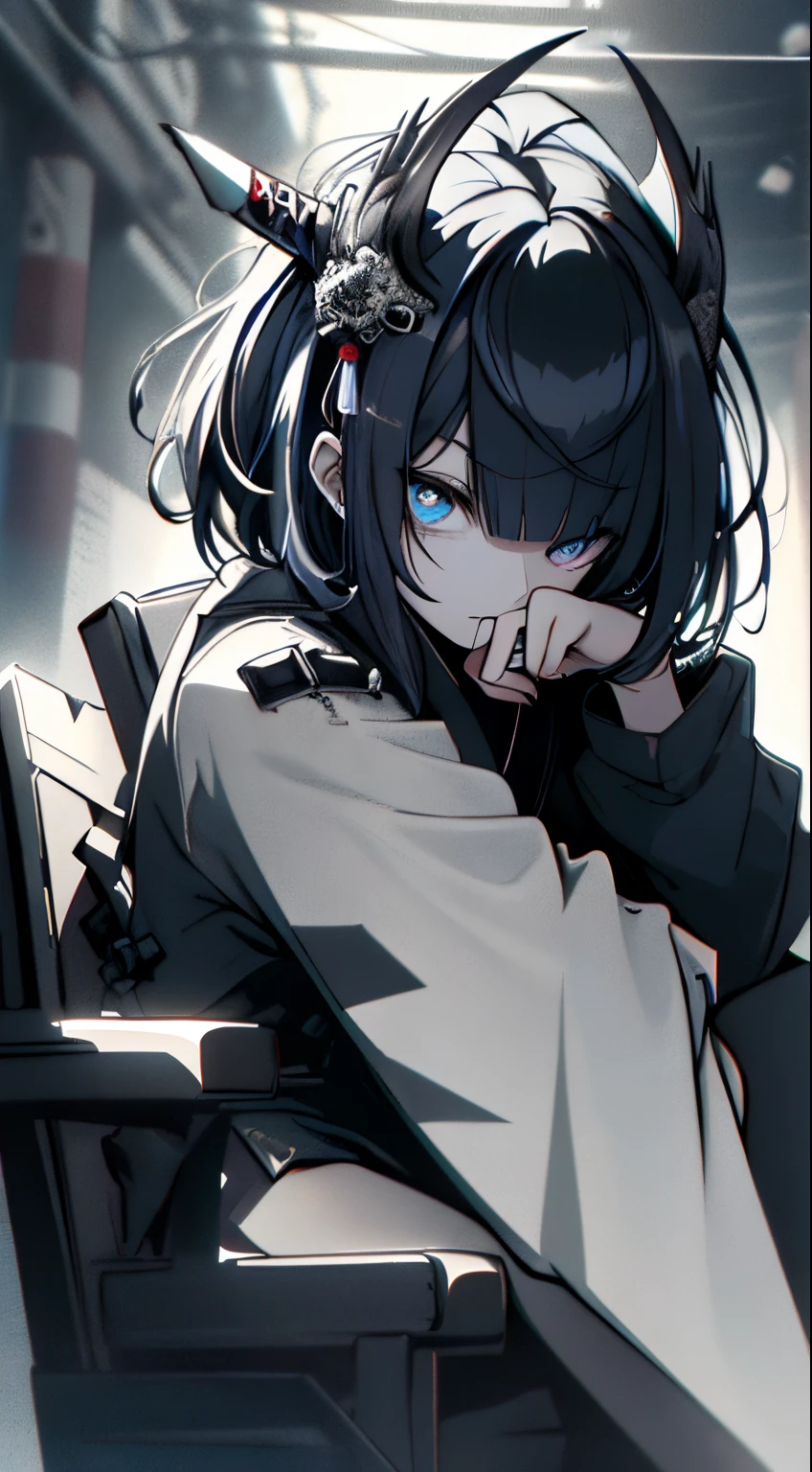 Japanese Katana Sword、Samurai sword、Full body、Sit on a chair, cross one's legs、White one-piece military uniform、View other people、Blunt bangs、 over-kneehighs,Blunt bangs, Jet black head of hair,(masutepiece:1.2, Best Quality), (finely detailed beautiful eye: 1.2), (Detailed background,Dark Fantasy), (beautifull detailed face), High contrast, (Best Illumination, extremely delicate and beautiful), ((Cinematic Light)), Colorful, Hyper Detail, Dramatic light, Intricate details,Very blue eyes, Shining eyes, long hair flowing with the wind