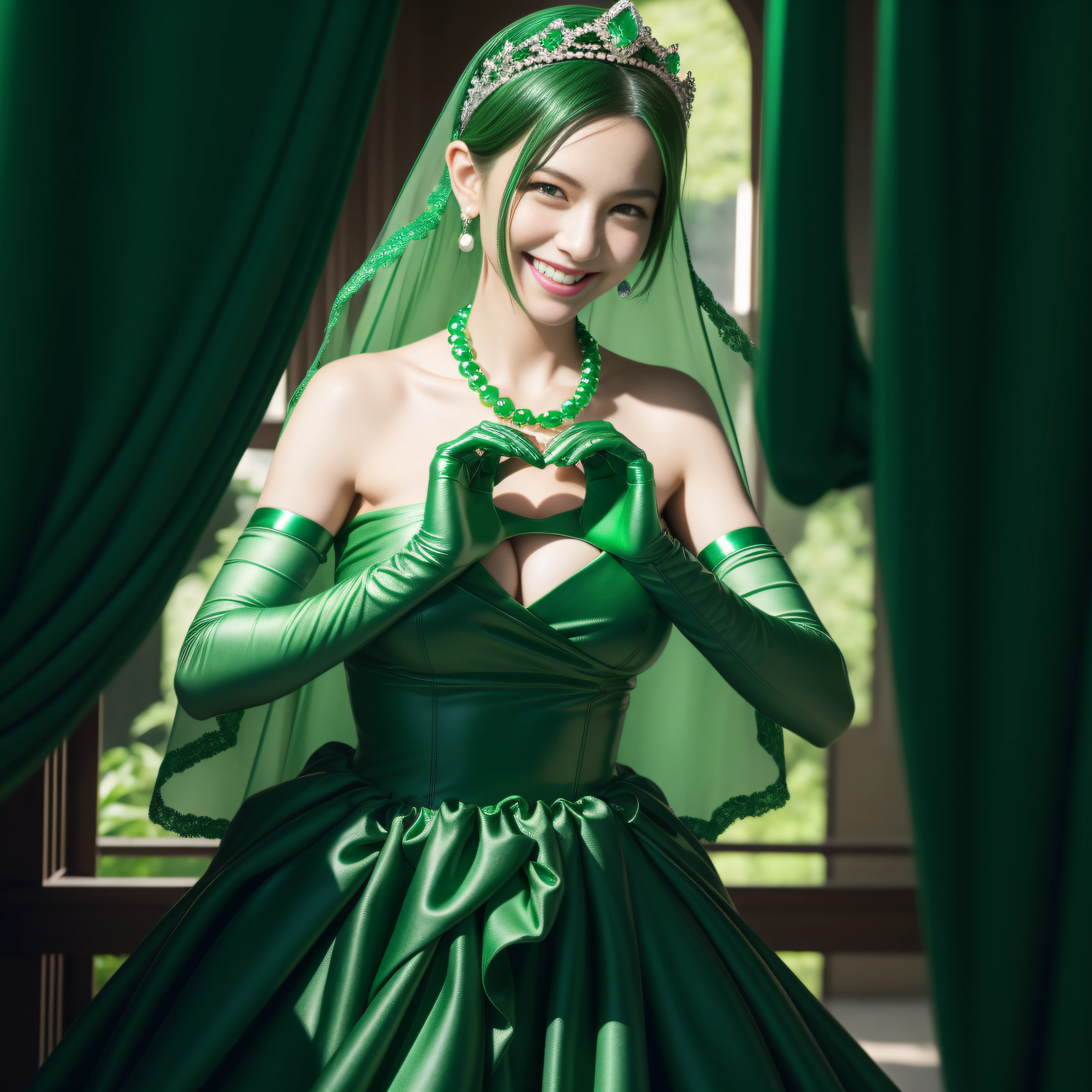 emerald tiara, Green Pearl Necklace, Boyish very short green hair, lipsticks, Japan woman smiling, very short short hair, big breasts beautiful, Green eyes, Long green gloves made of satin material, Green eyes, Emerald Earrings, green vale, Heart with both hands