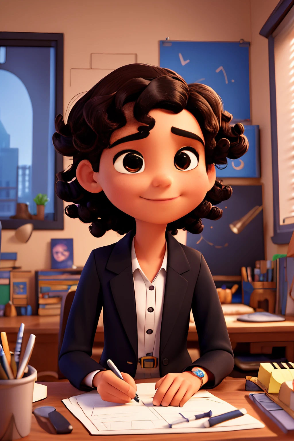 a Disney Pixar-style movie poster with the title ("Architect of the Future"). (Architect of the Future. Architect of the future in his office in black clothes, Short, curly hair and a mole on her left cheek, Brown with a watch on his right wrist) the scene should be done in Pixar's signature digital art style, with an emphasis on symbolic expressions, Vibrant colors and detailed textures, Specific to animations, with title (Bruno Architect)