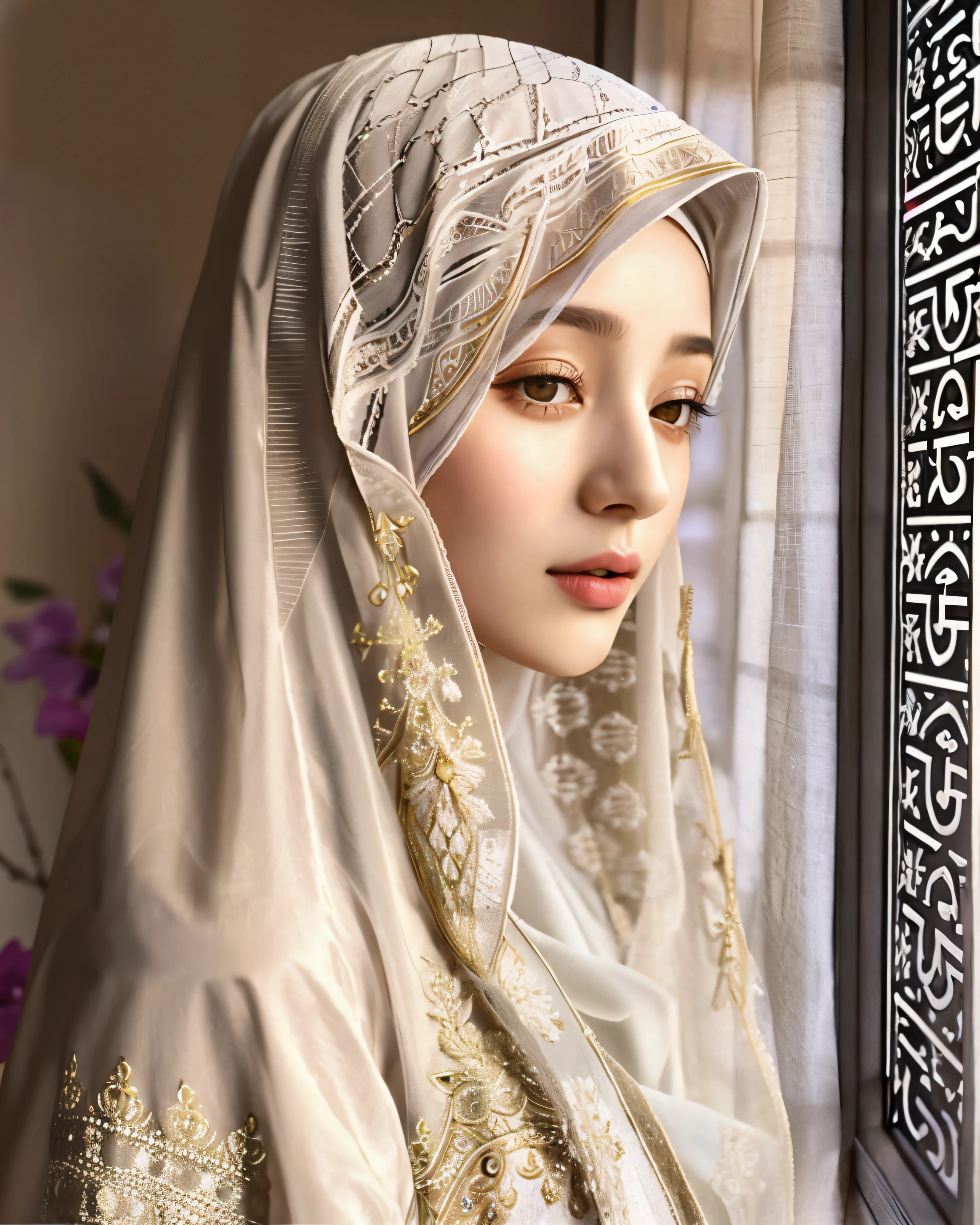 there is a woman wearing a hijab looking out a window, hijab, veiled, white hijab, veiled face, beautiful delicate face, very beautiful girl, lovely delicate face, pale-skinned persian girl, beautiful arab woman, beautiful, high quality portrait, portait photo profile picture, traditional beauty, very extremely beautiful, muslim, beautifully, beautiful girl, beautiful image