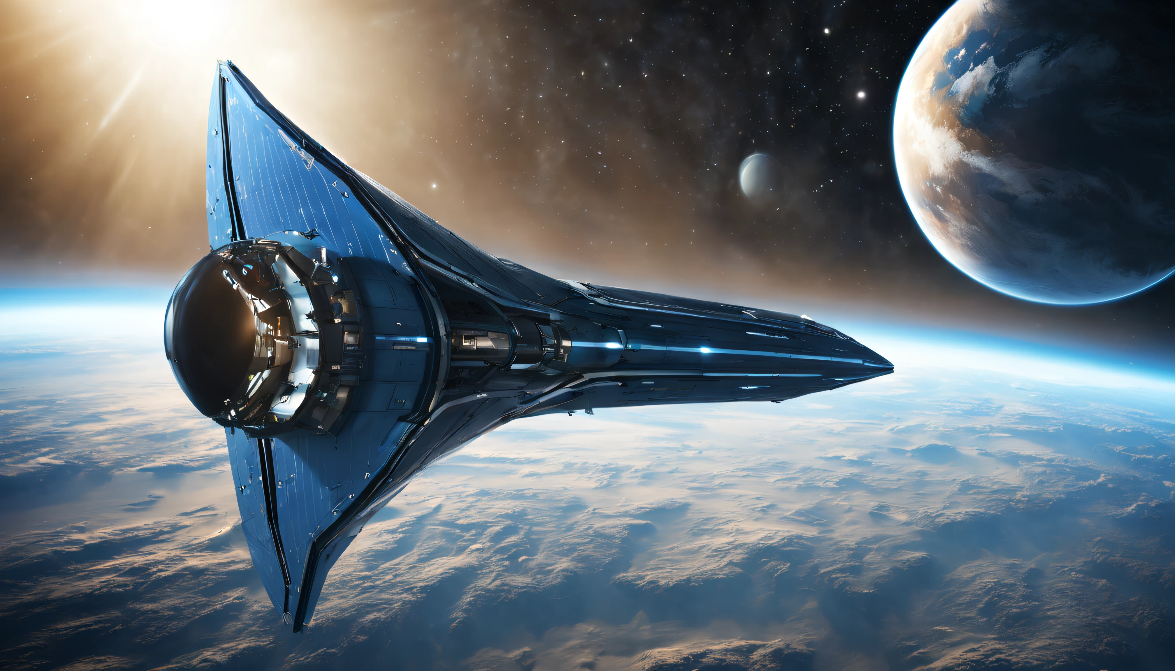 close-up of a spaceship traveling towards planet Earth, blue atmosphere, stars, dynamic perspective view, very high photographic detail
