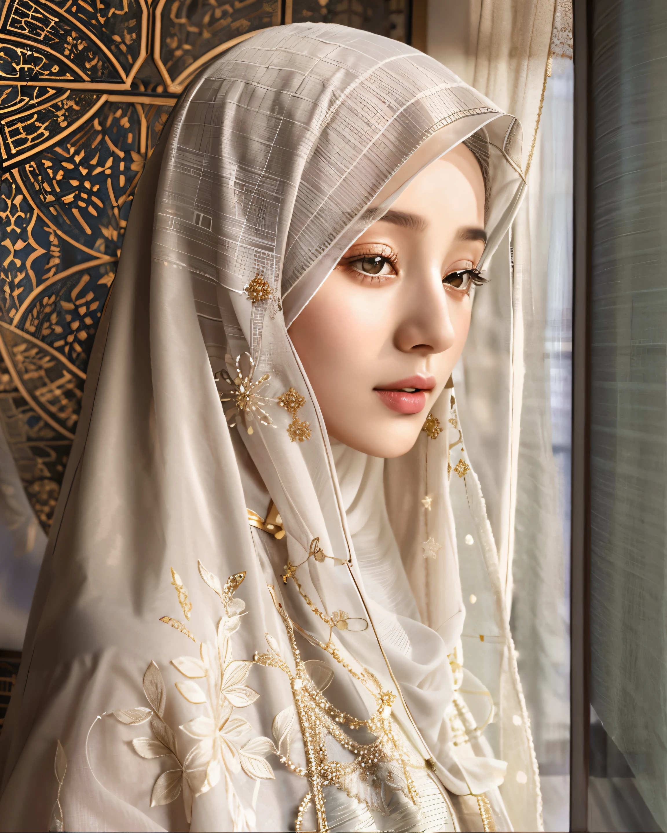 (RAW photo, best quality), (realistic, photo-realistic:1.3), 1 girl, solo girl, extremely delicate and beautiful, Amazing, finely detail, masterpiece, ultra-detailed, highres,(best illustration), (best shadow),intricate,depth of filed, On a summer afternoon, a lovely female muslim dress with tunic, pashmina hijabs, In the golden hues of autumn, creating a soothing sound. She closes her eyes, immersing herself in harmony with nature,(blurry background:1.4), sharp focus, volumetric fog, 8k UHD, DSLR, high quality, (film grain:1.4), Fujifilm XT3,
