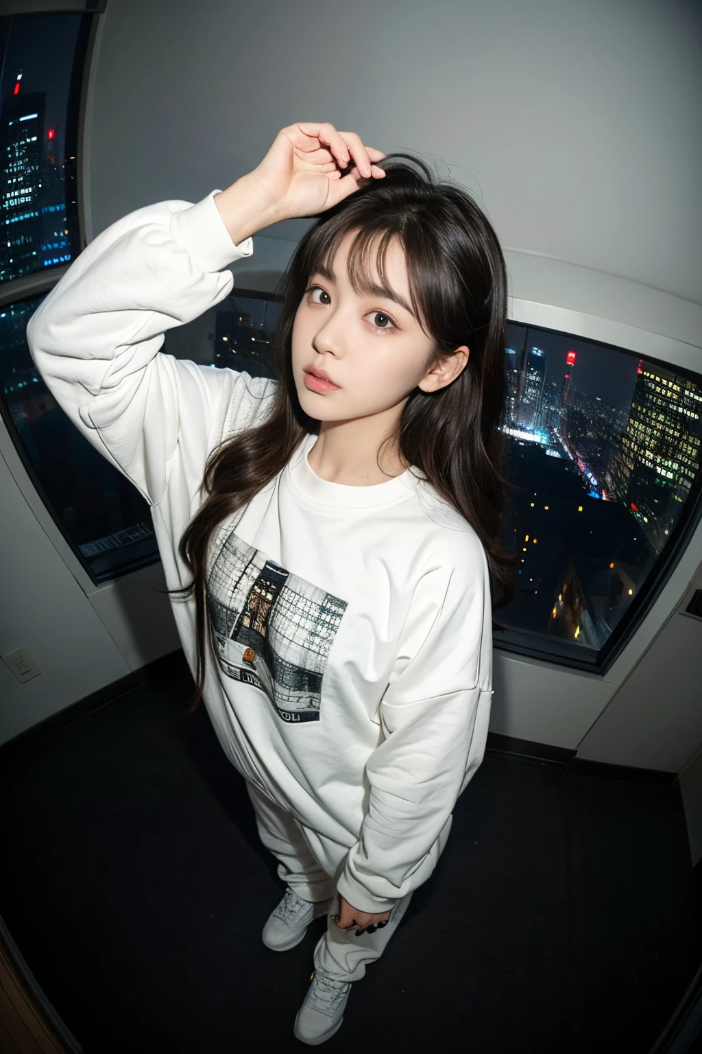 1girl, beautiful, medium hair, white oversize sweatshirt, oversize_shirt, sweatpants, night city, ((from above, fisheye, wide angle shot)), (photorealistic:1.2), (ultra realistic:1.3), (very detailed:1.1), ((masterpiece)),