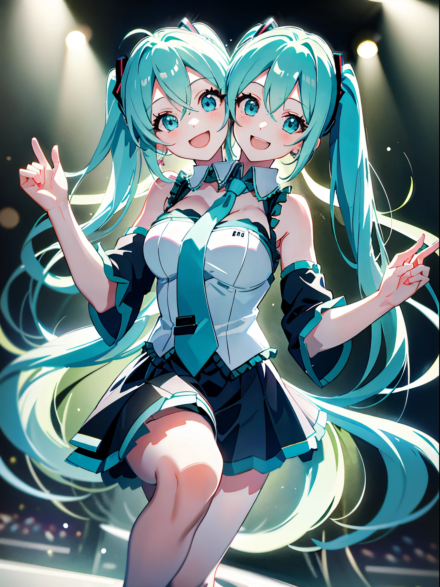 (Masterpiece, best quality), best resolution, (2 heads:1.5), 1 woman, Hatsune Miku, aqua hair, twin tail, long hair, tear, open mouth, smile, be happy, sing, Dancing, White sleeveless shirt, Aqua necktie, black skirt, Arms separated, DSLR Photos, (8ก, 4K, Masterpiece),(Masterpiece, best quality), best resolution, (3 heads:1.5),Arms separated,arm circle, (Put your hands on your head...), (lower hand on ankle), (lower hand on leg), Full content in the frame, full body view, (four arms),(Multi-arm),(many hands), รูปร่างเพรียวบาง Masterpiece,best quality,best resolution,1 woman,many heads, upper body, smile,  Facing the audience,big breasts,simple background,Beautiful face,Beautiful hair,beautiful eyes,beautiful body,Beautiful hands,conjoined twins