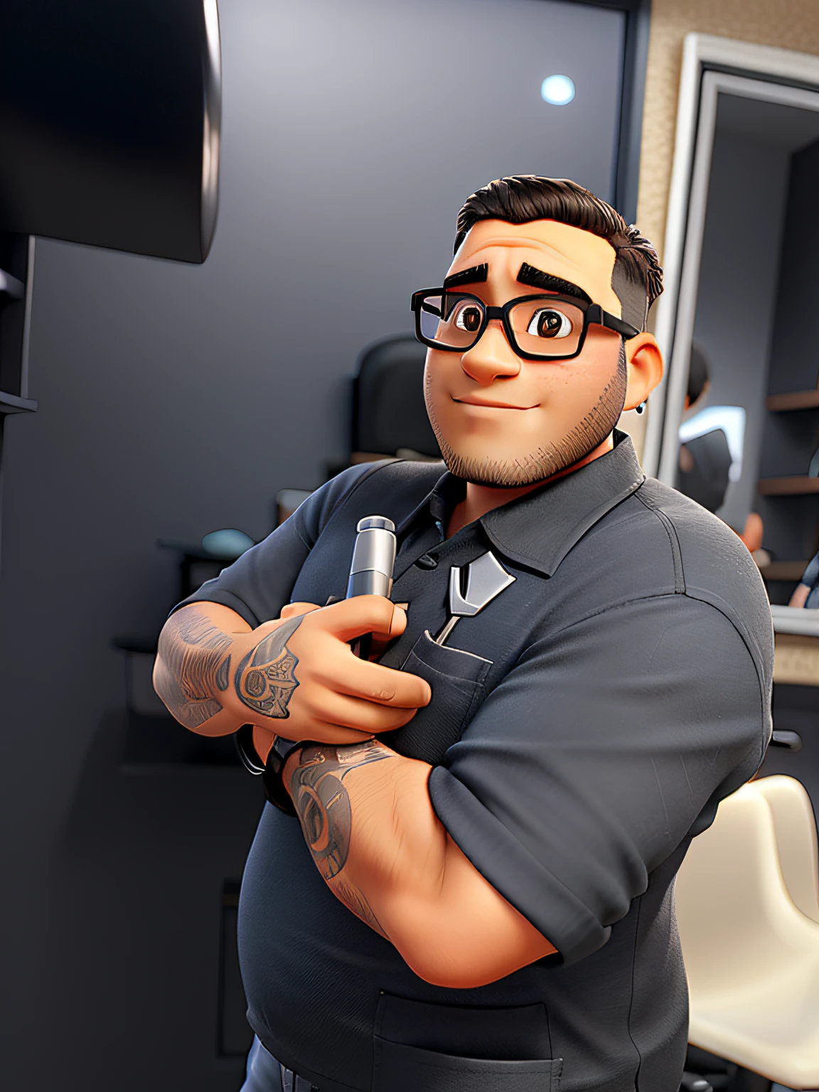 I would like a barber with 2 clippers for dark-skinned, slightly chubby hair who wears prescription glasses and a black blouse