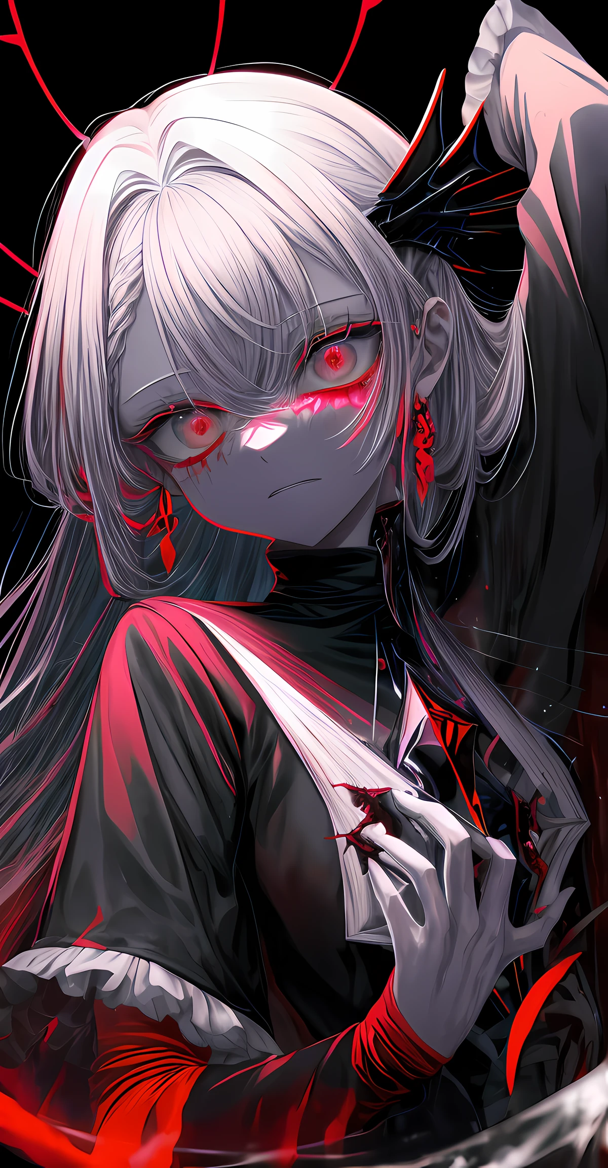 (((Nsfw, Vulgar))),wet-on-wet oil painting depicting a dark angel, a semi-realistic full body portrait, blood on the angel face,, red eyes, gorgeous painting, breathtaking, semirealistic, beautiful colors, evil, beautiful red eyes, detailed textures, massive blackdark feathers, blood, white hair, evil grin, evil smile