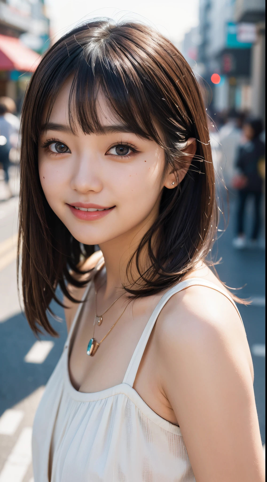 ultra detailed,high resolution,RAW photo,photos realistic、japanaese girl、ultra detailed face,A beauty、big eyes,droopy eyes,double eyelids,((eye bags)),(Light brown hair)、bangs,hair arrangement,a Mole under left eye、up of face、(make - up)、a Small piercing、a small pendant top necklace、high-detail、Blurry background、(happy smile),street,beautiful lighting,realistic shadow,
