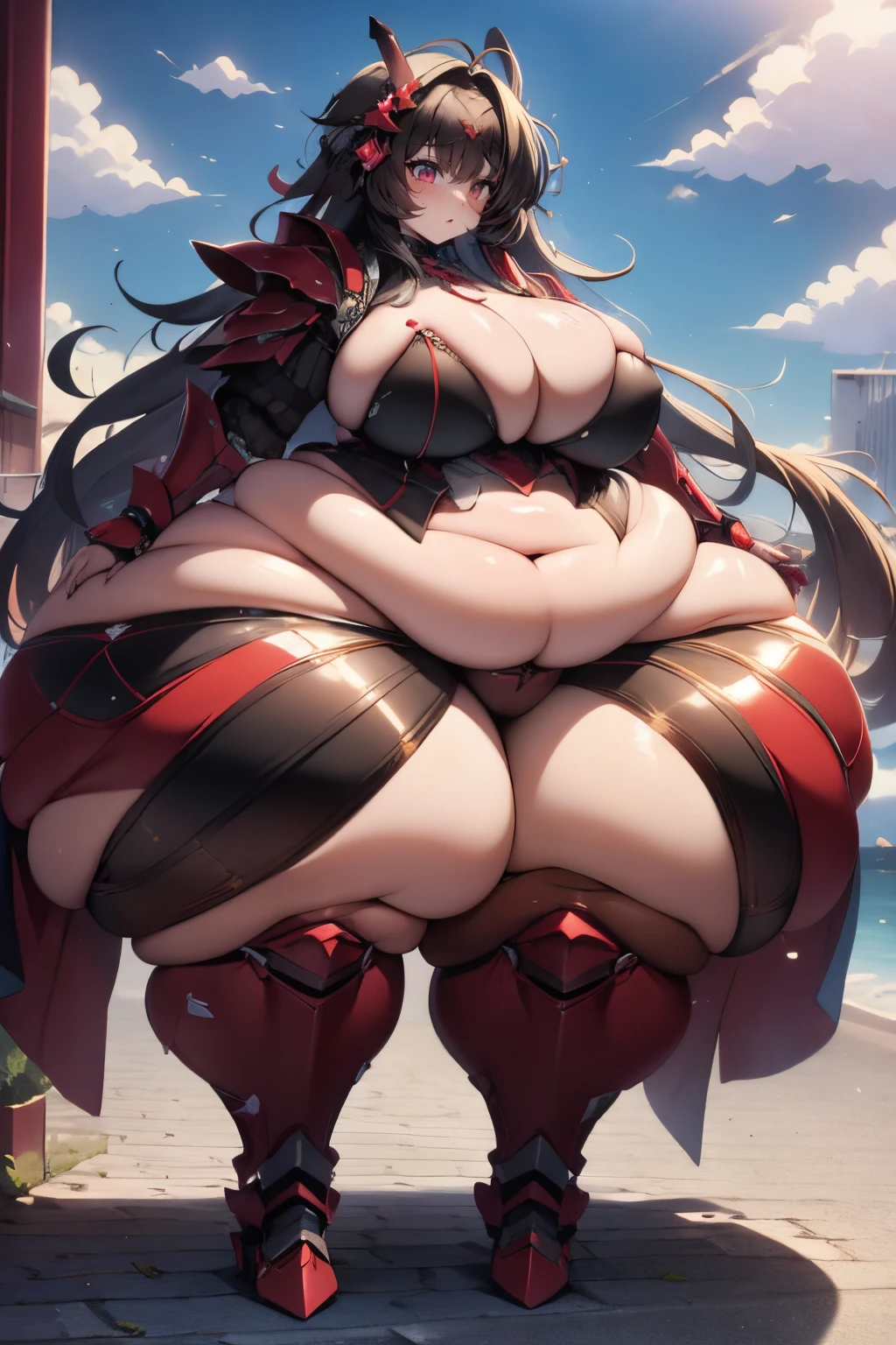 Masterpiece, best quality, hyper bottomheavy, big breasts, hyper breasts, wide hips, hyper hips, thick thighs, hyper thighs, naked, breasts touching ground, breasts bigger than head, bbw, chubby, love handles, armor, full plate