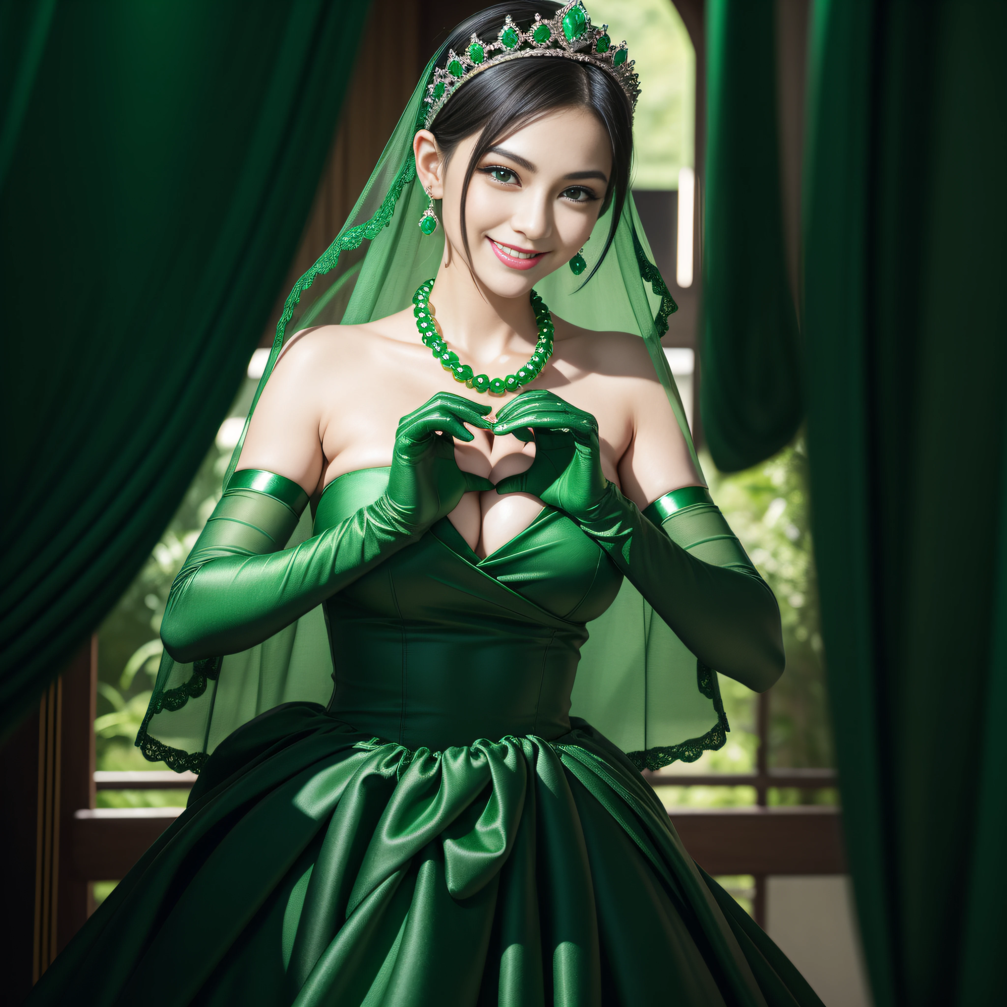emerald tiara, Green Pearl Necklace, Boyish very short black hair, lipsticks, Japan woman smiling, very short short hair, big breasts beautiful, Green eyes, Long green gloves made of satin material, Green eyes, Emerald Earrings, green vale, Heart with both hands