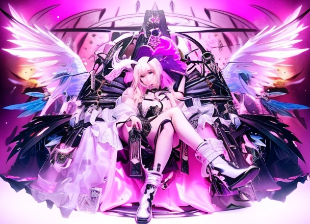 Shiny blonde hair、Fallen Angel、cross-legs sitting、white  boots、Pink hair ornament、black gothic lolita tank top、black goth loli mini skirt、Fantasy Background、Devil's Wings、cosmic space、White sheer blouse、Tsundere、light skinned、skinny  body