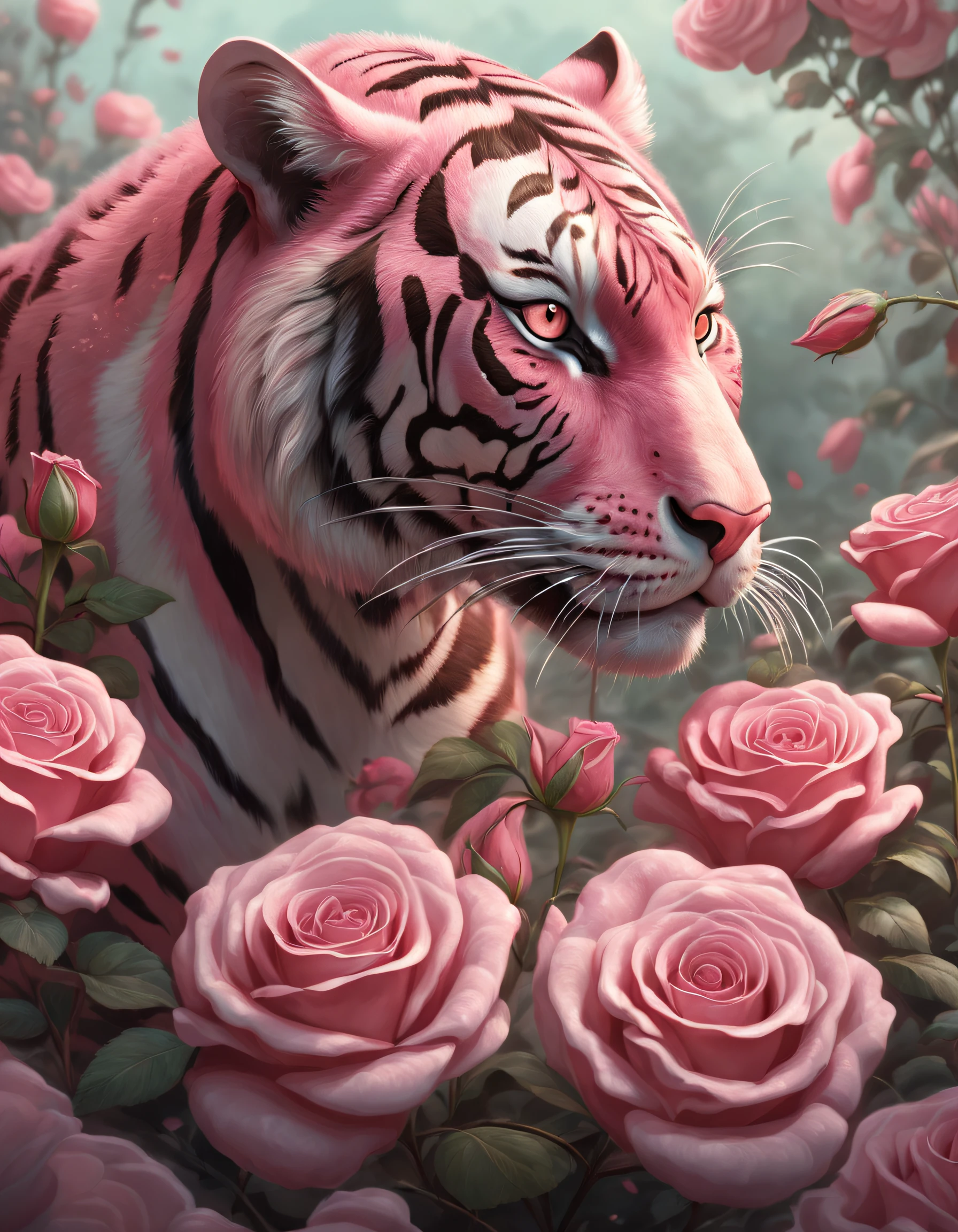 Tigre,Rosa flower,(double contact:1.8),Tiger sniffing roses,Complex illustrations in surrealist art style,Surreal dreams