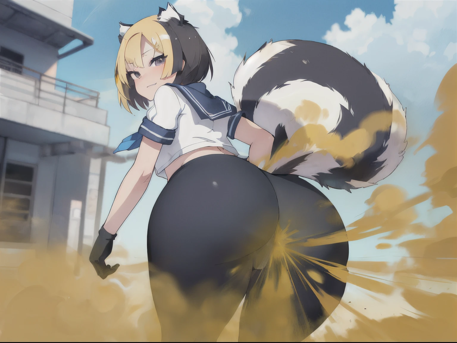 ((masutepiece, High resolution, depth of fields, 4K, Ticker,)),(((velocity)),(((Skunk Girl))),Yellow smoke,Skunktail, Attacked by farts, Attack with farts,Leaning forward)),(big butts), ((Thrust your hips up)),((Student Sailor Uniform)),,Fart from the ass,bending forward,emphasis on the buttocks,bending forward,((Your butt is sticking out here))), (((Yellow smoke is rising ))),(((Farts coming out of the buttocks )))