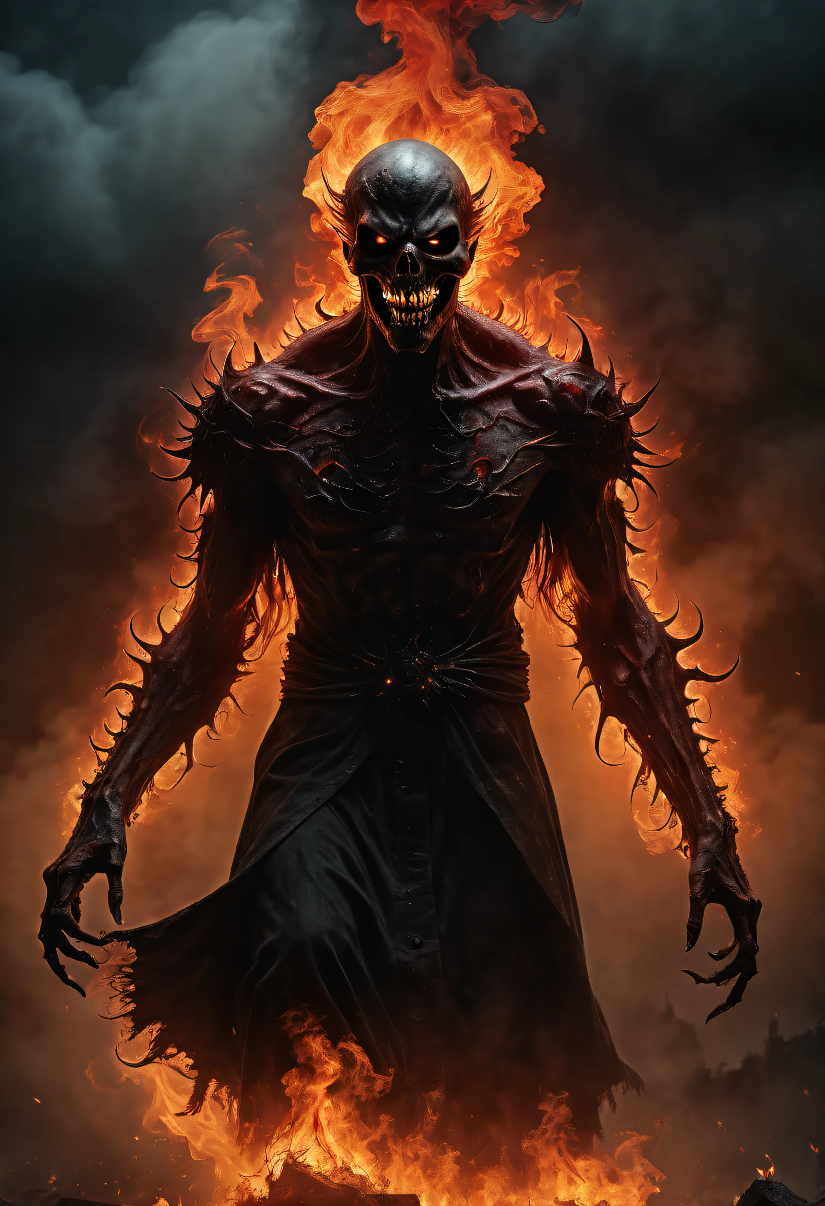 (best quality,4k,8k,highres,masterpiece:1.2),ultra-detailed,(realistic,photorealistic,photo-realistic:1.37),horror,macabre,dark,vivid colors,sinister,ominous,menacing,fiery,nightmare inducing,shadowy figure,vengeful demon,burning flames,glowing eyes,fiery aura,ominous fog,deathly pale skin,ominous clouds,lit torch,ominous atmosphere,ethereal presence,skeletal hands,smoke and ash,agony and despair,gruesome details,screams of torment,creepy ambiance,haunting darkness,spine-chilling terror,cruel punishment,blood-curdling terror,menacing smile,abysmal depths,otherworldly torment,perpetual suffering,eternal damnation.