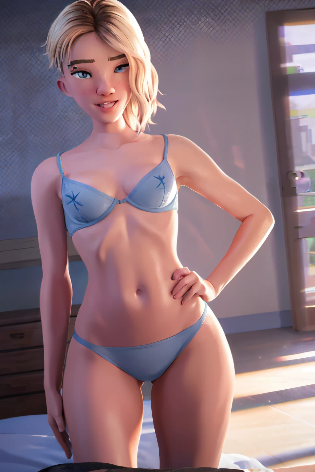 realistic, realism, photorealism, photo-realistic, high contrast, (photorealistic:1.4), (perfect female figure), 8k high definition detailed realistic, NSFW, (best quality, masterpiece:1.2),  photon mapping, radiosity, physically-based rendering, best quality, highly detailed, 1girl, ((((lingerie)))), ((small boobs)), thick thighs, looking at viewer, (laughing), wink, hand on hip