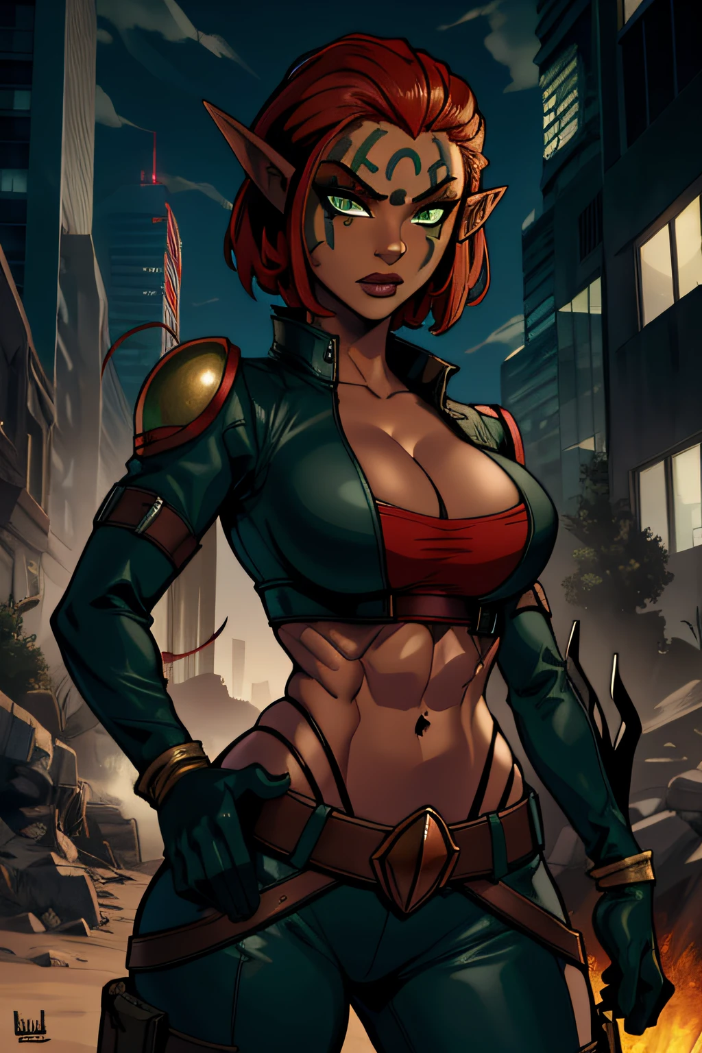 Ashelin, pointy ears,green eyes,dark skin,facial mark, red makeup , medium breasts, short hair, elf, abs, standing, close up, serious expression, closed fists, Solo, Aclothes,black gloves,highleg panties,midriff,belt,boots, tight black cargo pants, in a city, night time, city, soldiers in a city (insanely detailed, beautiful detailed face, masterpiece, beautiful detailed eyes, best quality)