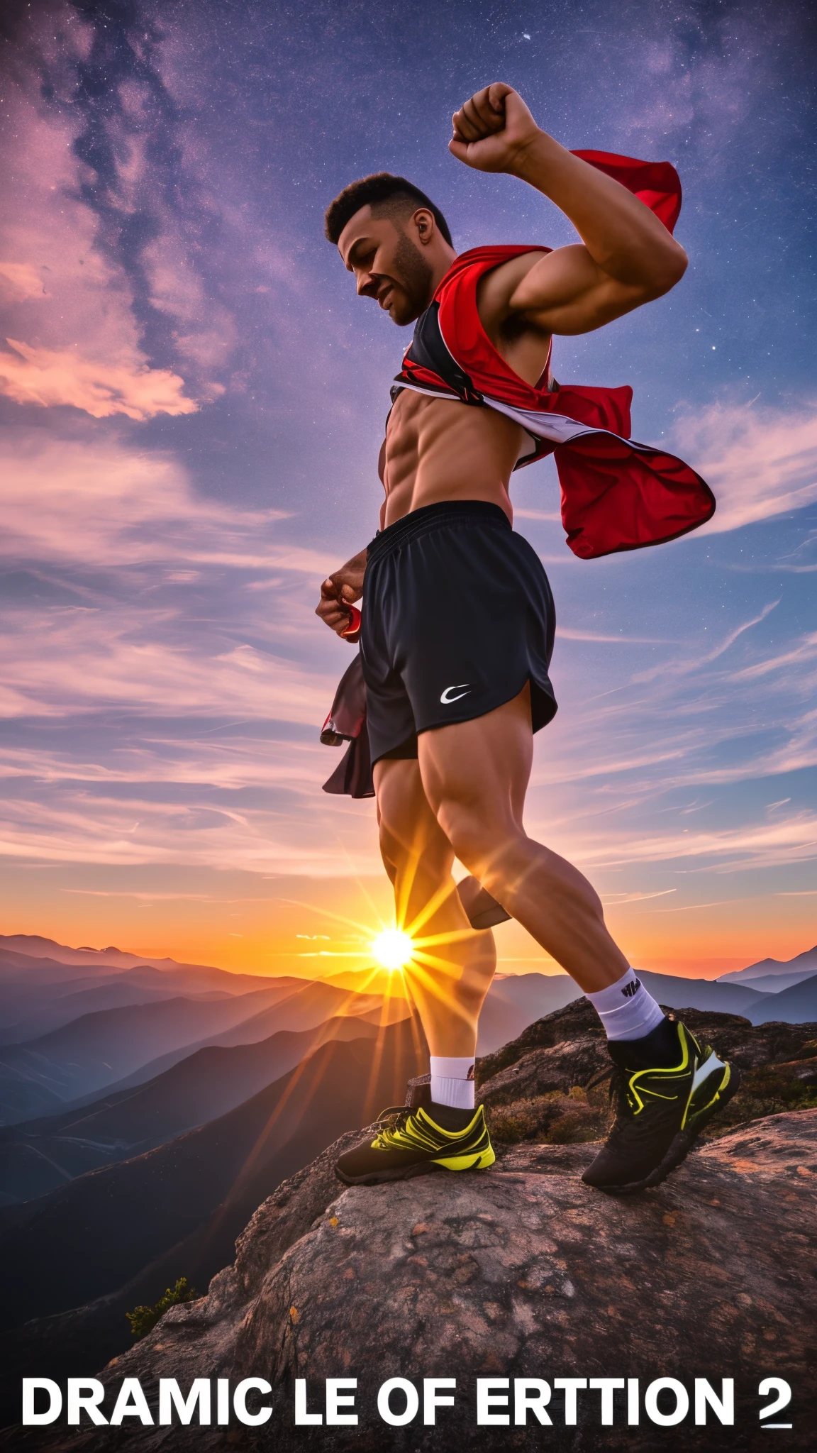 color photo of a dynamic YouTube thumbnail for "Dream it or Gain it" featuring a confident individual standing on a mountain peak, arms outstretched towards the sky, with a backdrop of a breathtaking sunset and a vast landscape below. The person is dressed in athletic attire, exuding determination and passion. The text "Dream it or Gain it" is prominently displayed in bold, vibrant letters, capturing the essence of motivation and personal growth —c 10 —ar 2:3 --auto --s2