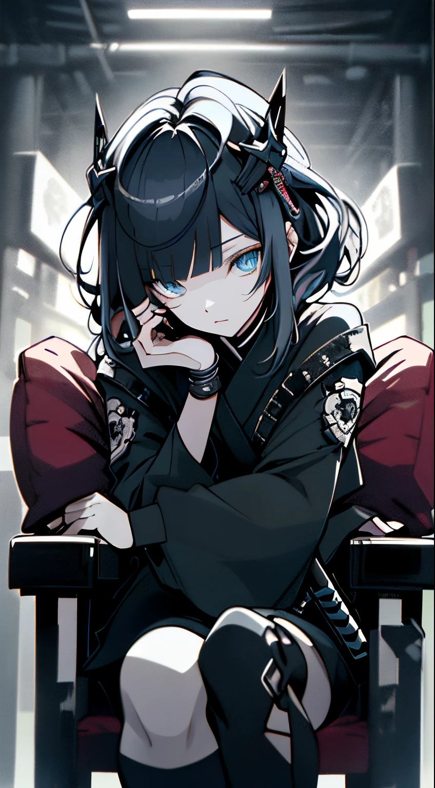 Japanese Katana Sword、Samurai sword、Full body、Sit on a chair, cross one's legs、White one-piece military uniform、View other people、Blunt bangs、 over-kneehighs,Blunt bangs, Gray head hair,(masutepiece:1.2, Best Quality), (finely detailed beautiful eye: 1.2), (Detailed background,Dark Fantasy), (beautifull detailed face), High contrast, (Best Illumination, extremely delicate and beautiful), ((Cinematic Light)), Hyper Detail, Dramatic light, Intricate details,Very blue eyes, long hair flowing with the wind