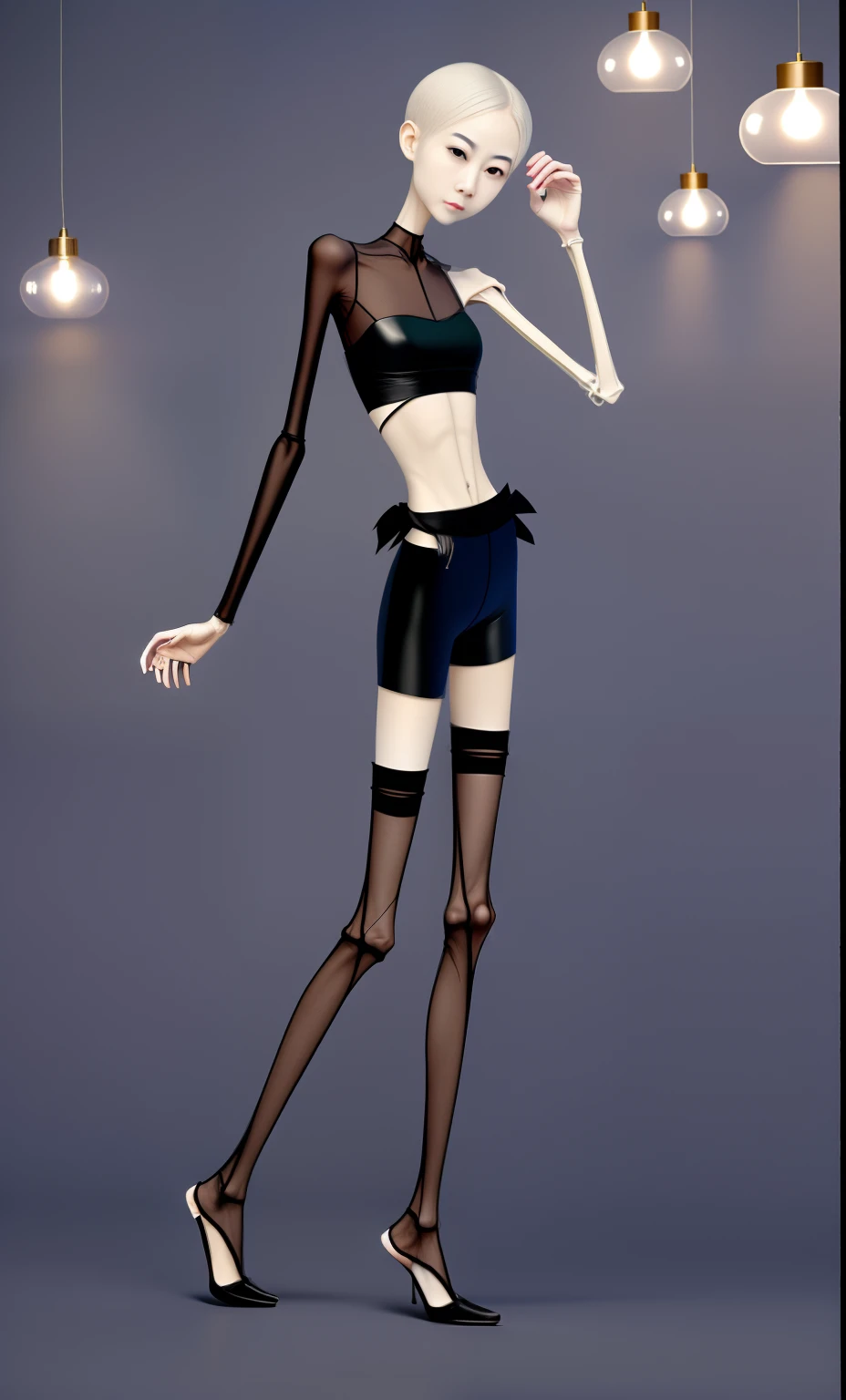 very thin woman,A thin body,Protruding sternum,The waist is very thin,The ribs are noticeable,Protruding ribs,The pelvic protrusion is very obvious,The pelvis is markedly elevated,Legs are just skin and bones,White skin of the,thin shoulde,The waist is very thin,Sunken abdomen,Delicate arms,arm muscle atrophy,hunger,The lower abdomen is depressed,Short hair details,Wear tight leather pants,Wearing black stockings,Wear slippers,Asia face,The waist is particularly thin,angry look,weeping,Excessive weight loss,The face is sunken and thin,Severe malnutrition,hunger,the detail