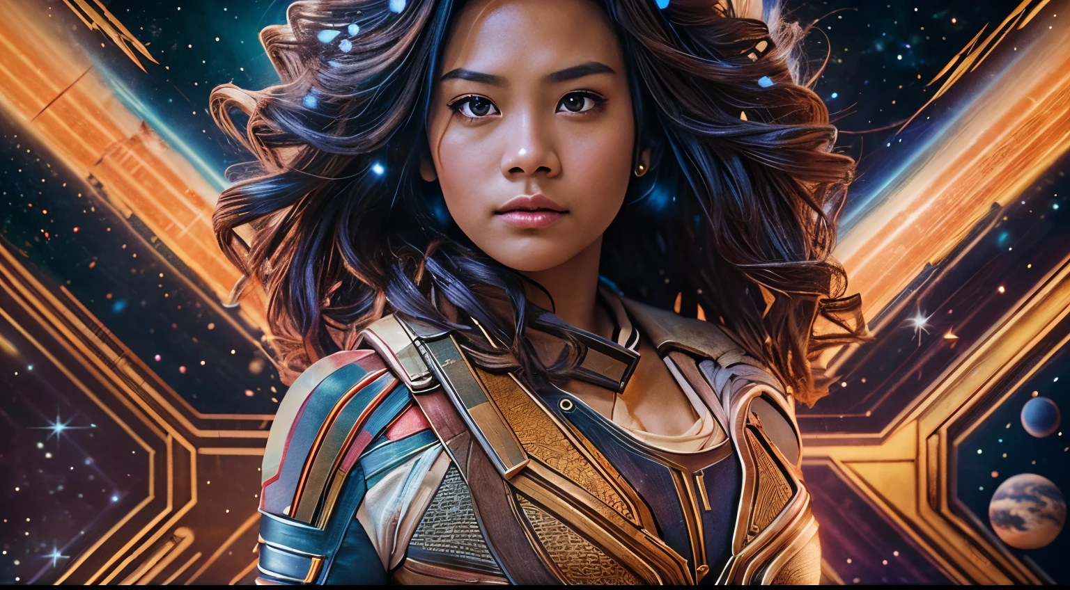 Visualize the Malay girl as a guardian of the galaxy, with celestial elements like planets and stars surrounding her. Use cosmic colors and lighting to convey her role as a protector of the universe, 28mm lens, Establishing shot, High Contrast cinematography effect, Natural Lighting, Desaturate color grading, high quality, ultra detail, 8k resolution,