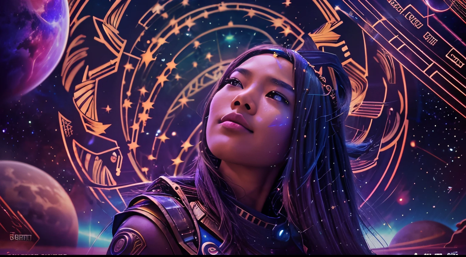 Visualize the Malay girl as a guardian of the galaxy, with celestial elements like planets and stars surrounding her. Use cosmic colors and lighting to convey her role as a protector of the universe, 28mm lens, Establishing shot, High Contrast cinematography effect, Natural Lighting, Desaturate color grading, high quality, ultra detail, 8k resolution,