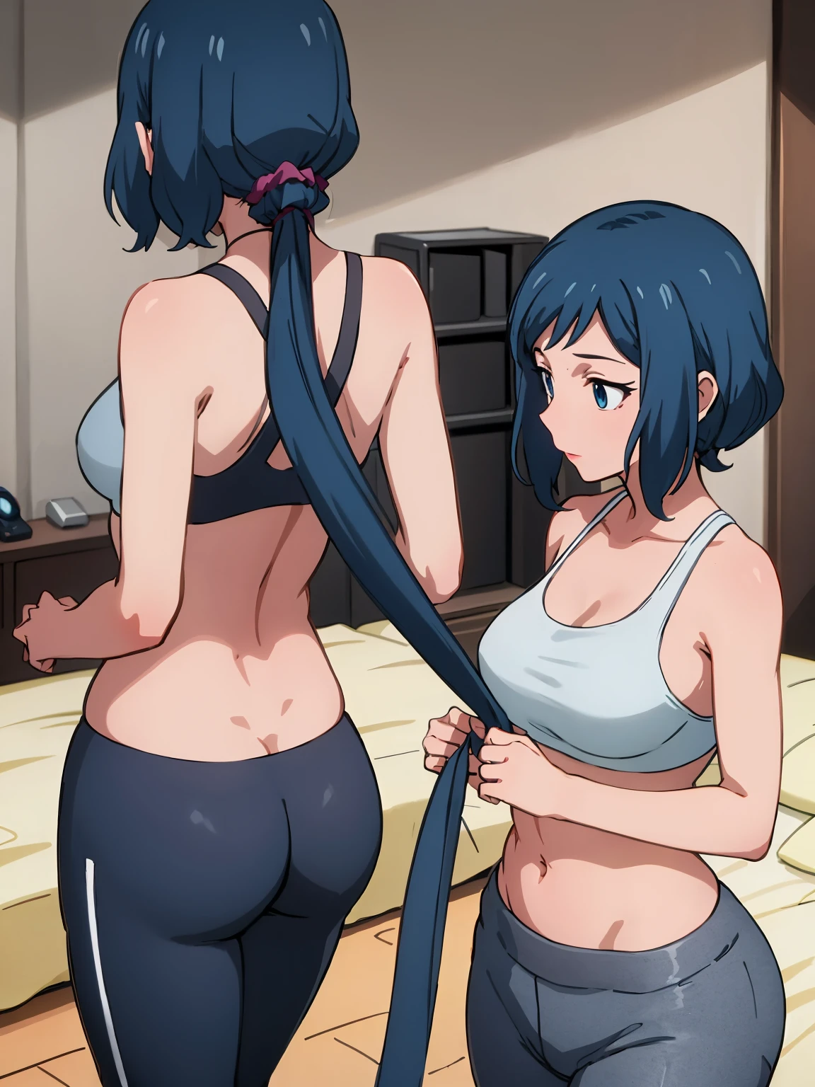 best quality, highly detailed, masterpiece, ultra-detailed, 
(bedroom:1.2), 
rinko-iori, wide hips, low ponytail, cowboy shot, blue eyes, yoga pants, sports bra, 
standing,