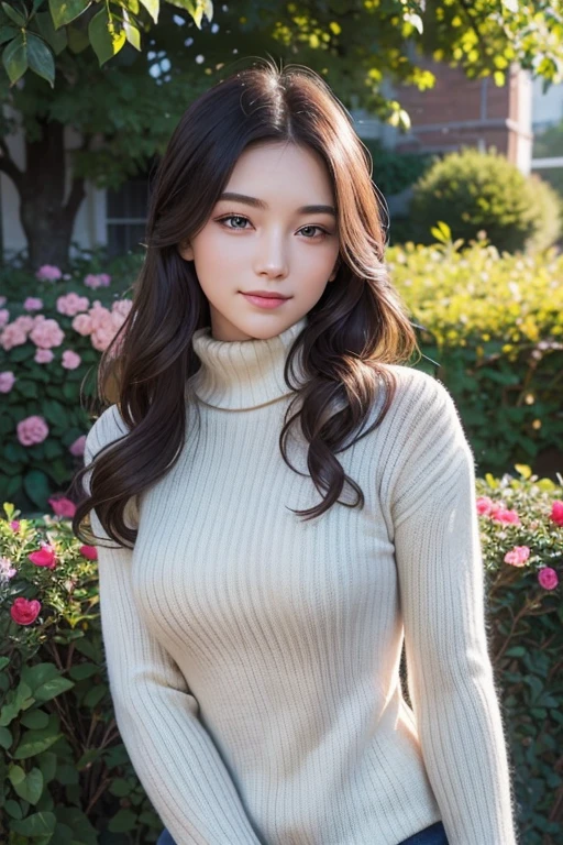 masterpiece,DSLR photo,analog style,nikon d5,real photo,a photo of a beautiful 20 year old woman,dramatic lighting (85mm),with Blooming garden in the background,(detailed facial features),(detailed shiny eyes),dynamic angle,Michelangelo style,long hair,turtleneck sweater,smiling face:1.4,