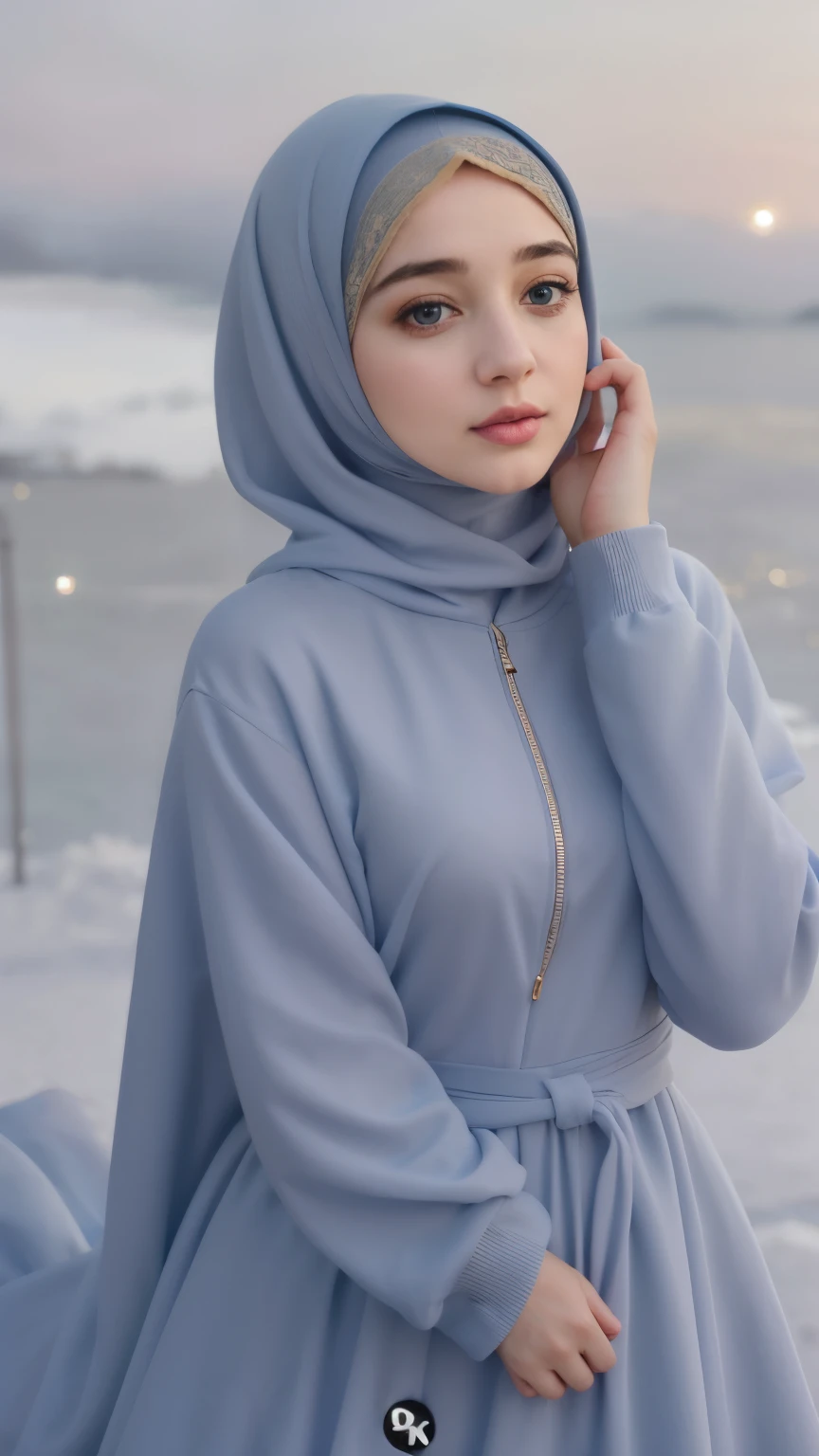 a close up of a woman in a blue dress talking on a cell phone, pastel blue, blue gray, hijab, pale blue, light blue, blue soft details, light grey blue and golden, light-blue, pastel, sky blue, wearing a blue hoodie, tight light blue neopren suits, ice blue, blue and grey, beautiful burqa's woman