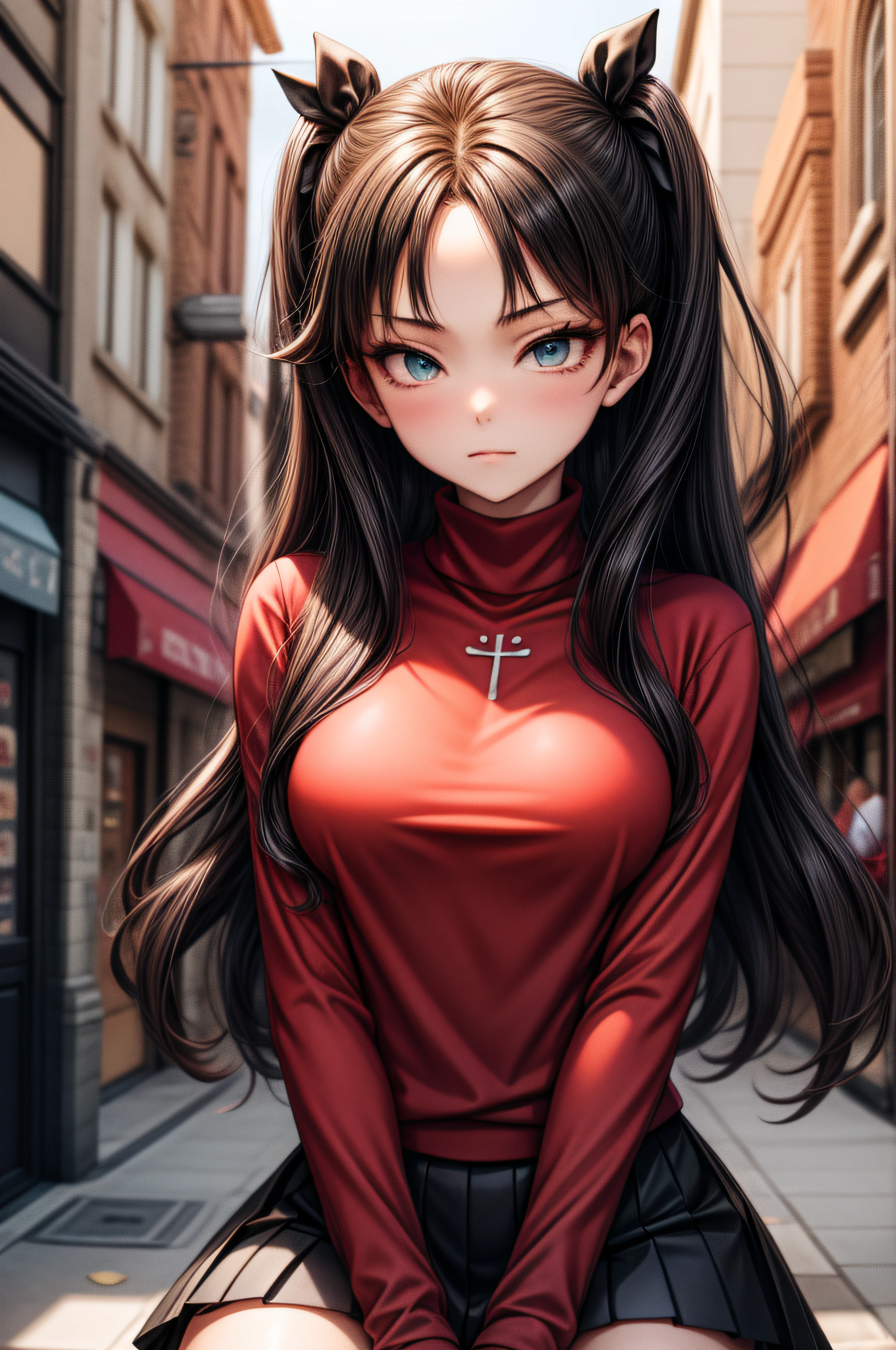 (masterpiece), best quality, expressive eyes, perfect face, 1girl, solo, rintohsaka, rin tohsaka, aqua eyes, black hair, hair ribbon, long hair, ribbon, sidelocks, two side up, black skirt, black thighhighs, long sleeves, miniskirt, pleated skirt, ((red sweater)), skirt, sweater, thighhighs, turtleneck, city background, sitting, upper body, portrait, looking at viewer