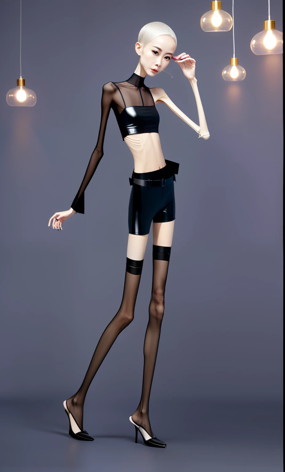very thin woman，A thin body，Protruding sternum，The waist is very thin，The ribs are noticeable，Protruding ribs，The pelvic protrusion is very obvious，Pelvic width，Legs are just skin and bones，thin shoulde，The waist is very thin，Sunken abdomen，Delicate arms，arm muscle atrophy，hunger，The lower abdomen is depressed，Short hair details，Wear tight shiny leather pants，Wear a belt，Wearing black stockings，Wear slippers，Asia face，The waist is particularly thin，angry look，weeping，Excessive weight loss，The face is sunken and thin，Severe malnutrition，hunger